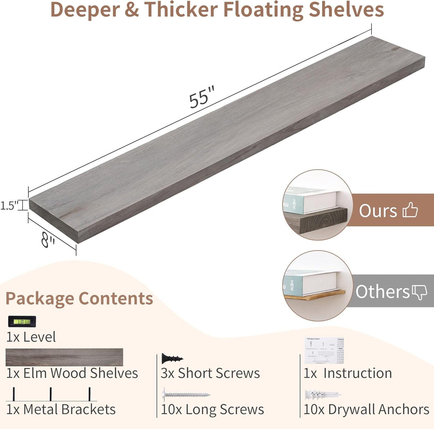 Axeman Floating Shelves for Wall, Rustic Elm Wood 56'' W x 8" D Wall Shelf with Invisible Bracket, Large Long Wall Mounted Storage Shelves for Living Room, Bedroom, Kitchen, Bathroom Decor, Grey