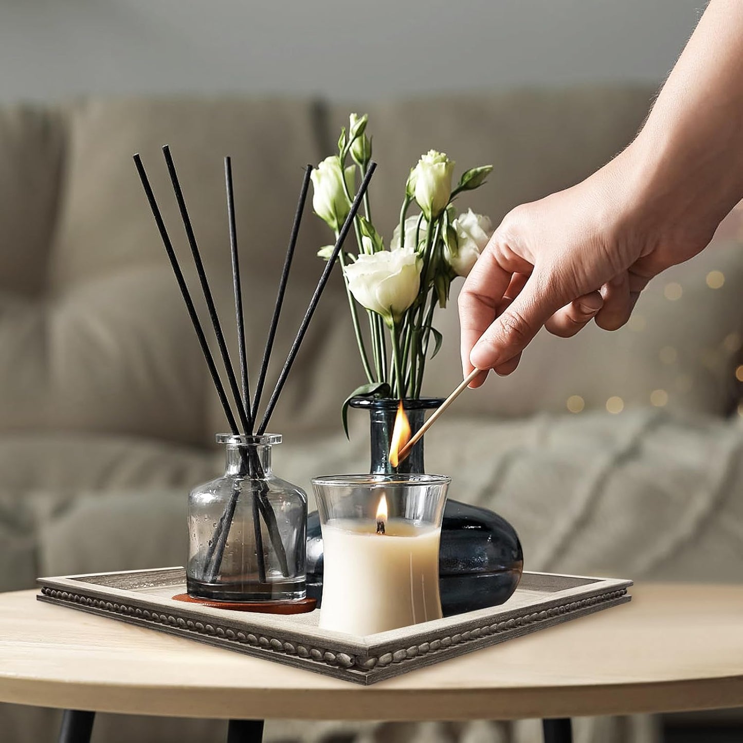 Wood Decorative Tray-Vitage Brown Washed Bead Tray for Coffee Table Wooden Serving Trays Ottoman Tray for Living Room Candle Holder Home Organizer Farmhouse Home Decor (Rectangular)