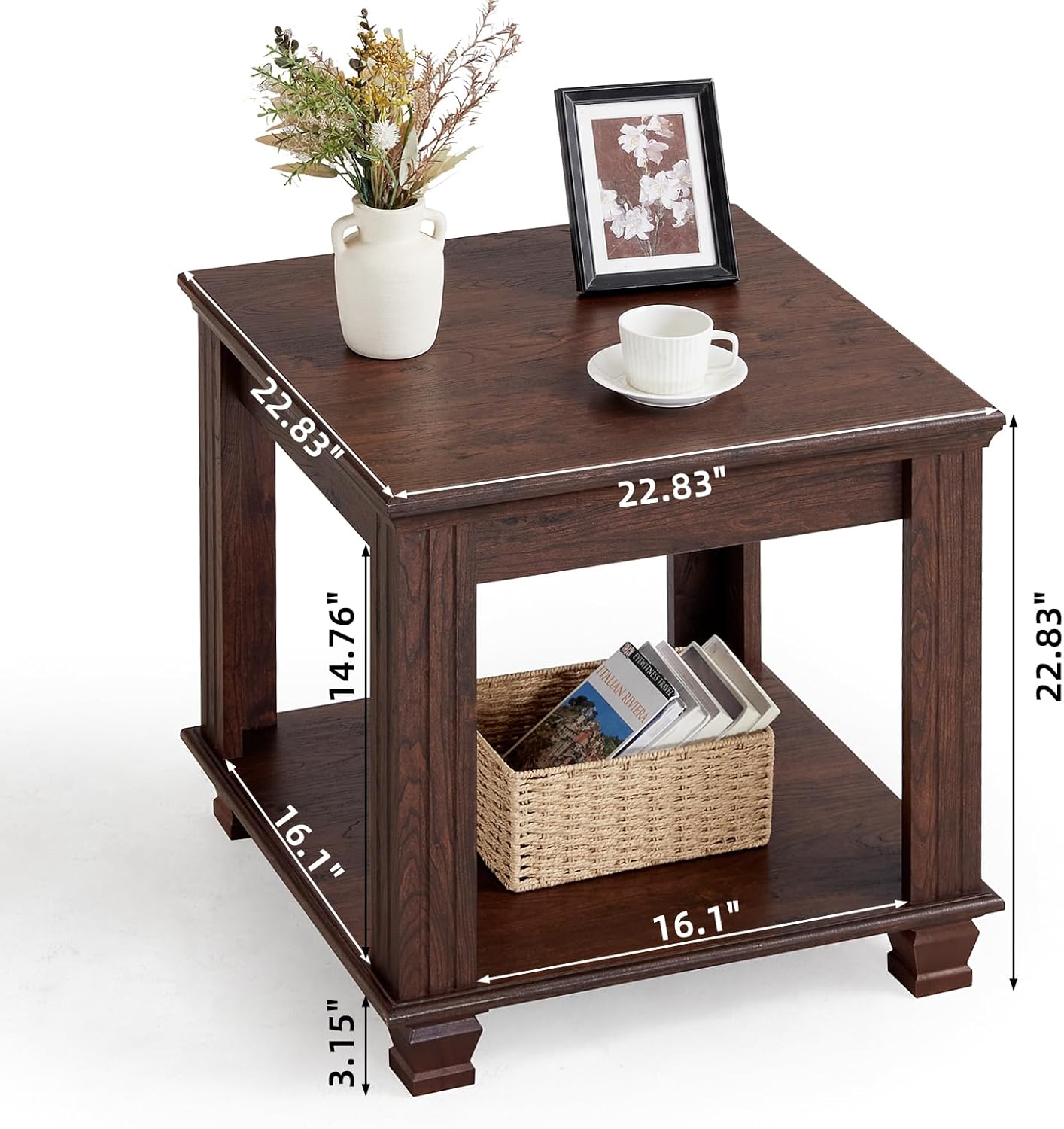 Farmhouse End Table,Large Side Table with 2-Tier Storage Shelf,Rustic Brown End Tables for Living Room,Square Tea Table,Walnut