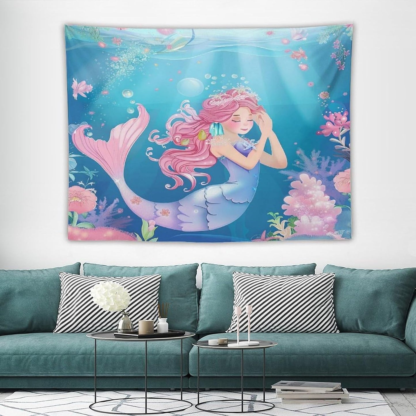 HZOHNAGO Mermaid Girls Tapestry Watercolor Flowers Mermaid Princess Blessing Pattern for Kids Room Decoration Printed Wall Tapestry Wall Hanging for Bedroom Living Room Dorm 80" W x 60" H