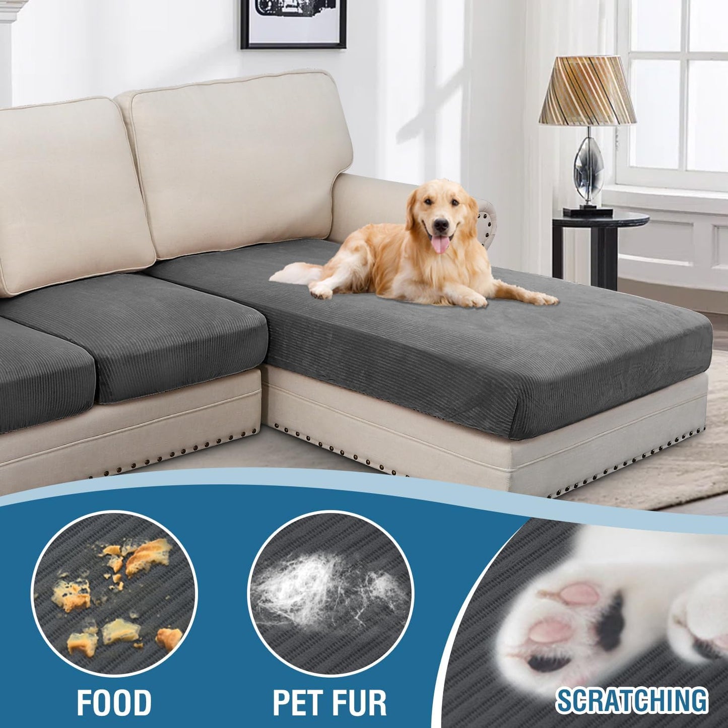 H.VERSAILTEX Velvet Stretch Sectional Couch Covers 4 Pieces Sofa Seat Cushion Covers L Shape Separate Cushion for Both Left/Right Couch (Large Sofa 3 Seater + 1 Chaise, Grey Striped)