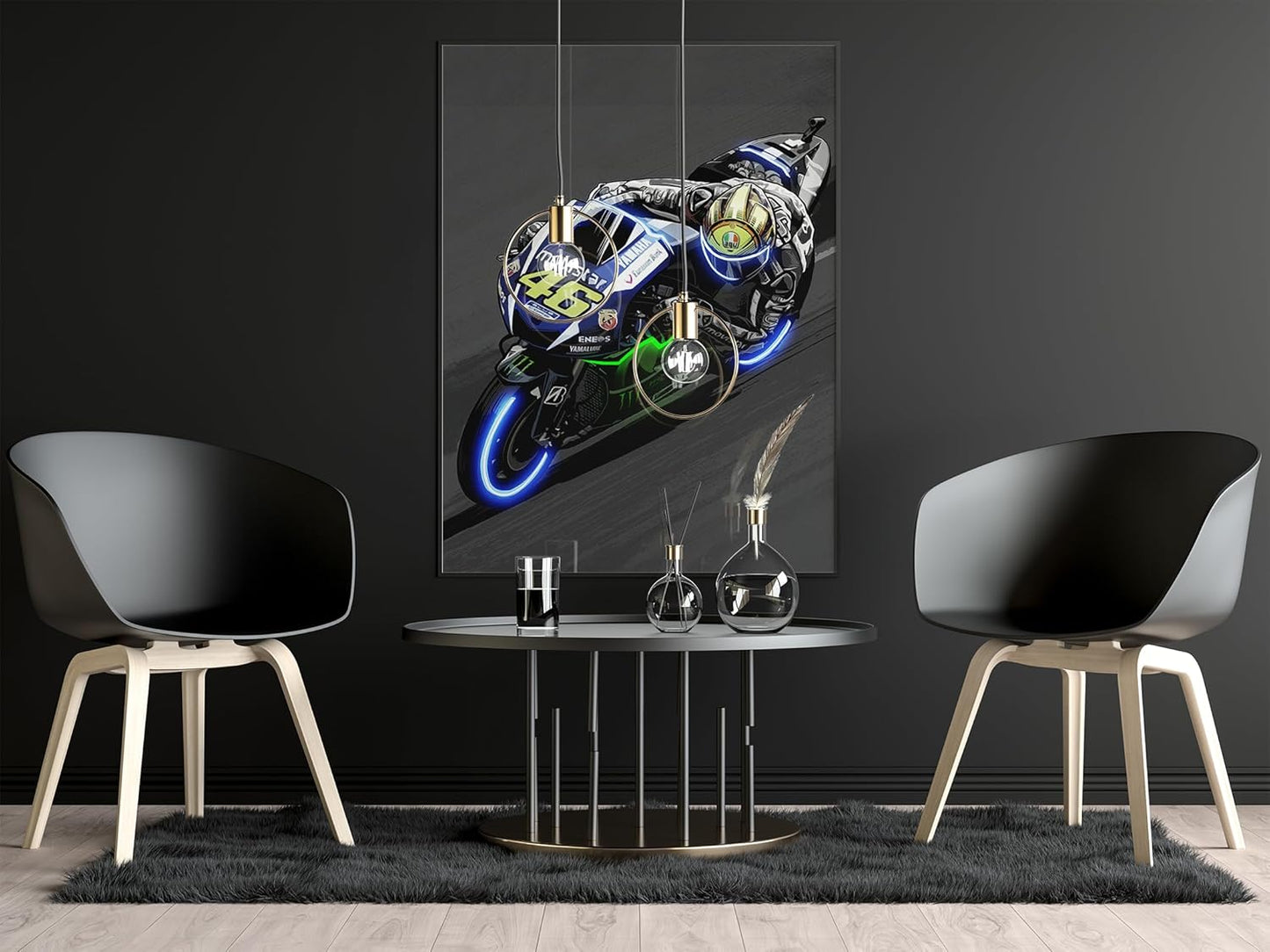 Sorventina Neon-Style Blue #46 YZR-M1 GP Bikes Canvas Wall Art - 16x24 Wrapped Frame, Non-LED, Ideal Home Decor for Bedroom Living Room Office Garage or Man Cave