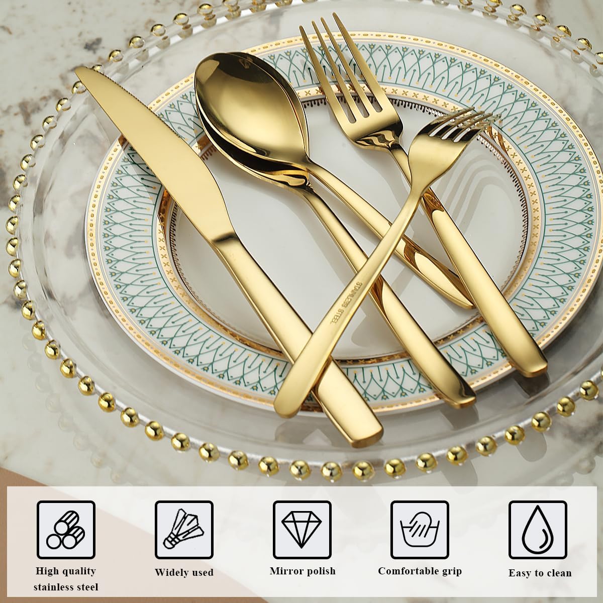 Berglander Gold Silverware Set 60pcs Service for 12, Golden Titanium Plating Stainless Steel Flatware Set, Gold Spoons Forks Knives Set for Home, Wedding, Restaurant, Hotel, Dishwasher Safe