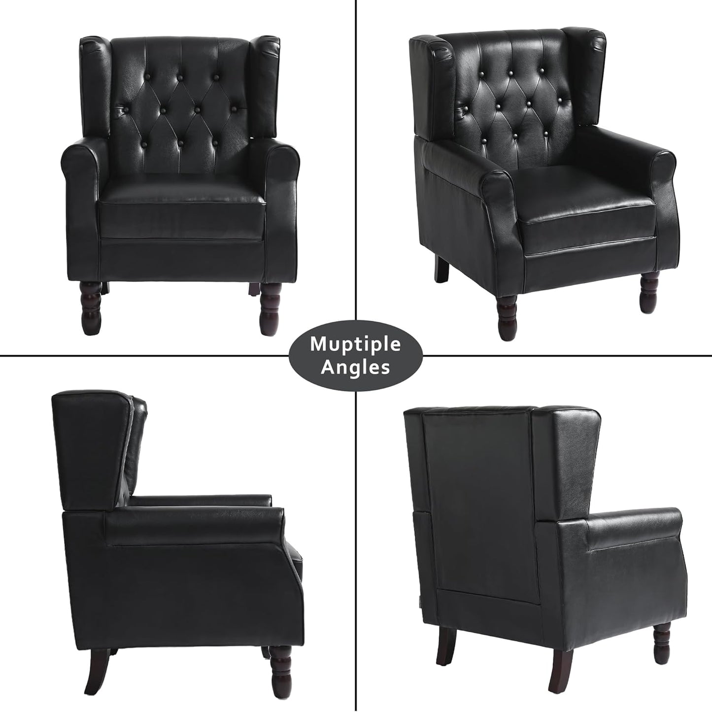 High Back Accent Chair,Upholstered Faux Leather Wingback Armchair with Solid Wood Legs for Small Spaces,Comfy Single Sofa Chair for Living Room,Bedroom,Office-Black