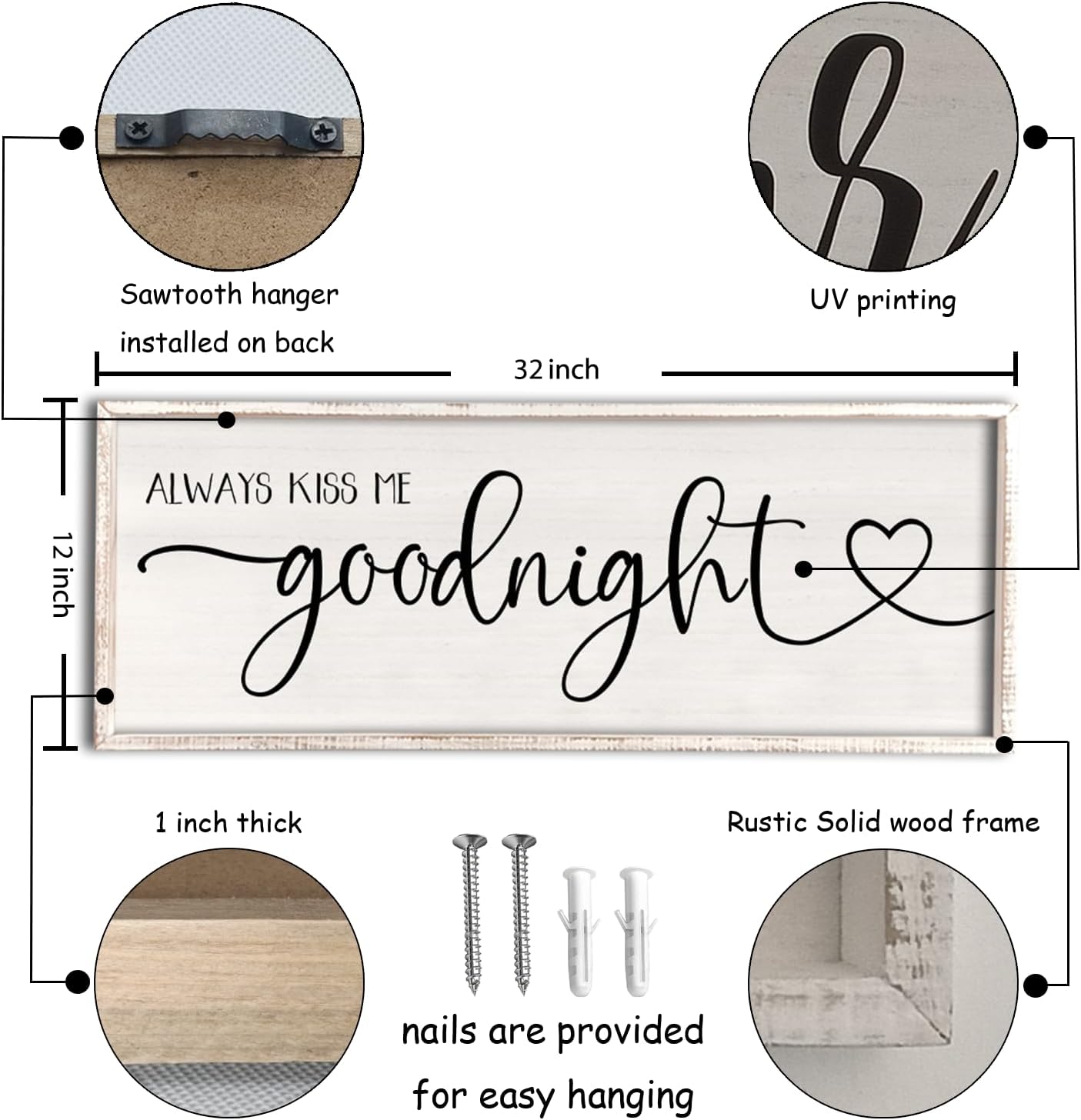 flowtorely Always Kiss Me Goodnight Wall Sign For Master Bedroom Above Bed Wall Decor 32''×12'' Large Rustic Solid Wood Frame For Farmhouse Couples Above bed Wall Art Decoration (White)