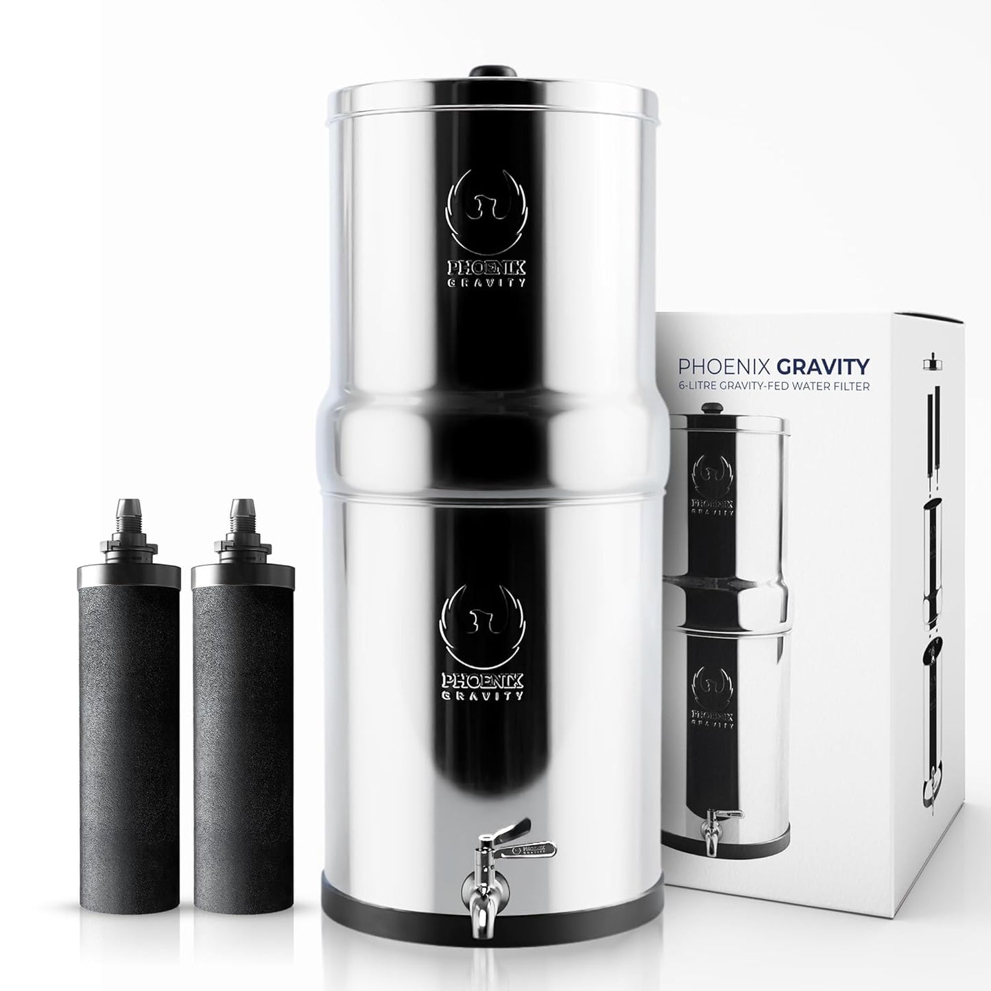 Gravity Water Filter System – 1.5 Gallons NSF Certified AISI 304 Stainless Steel Premium Countertop Water Filtration System with 2 Smart Black Carbon Filters & Stainless Steel Spigot