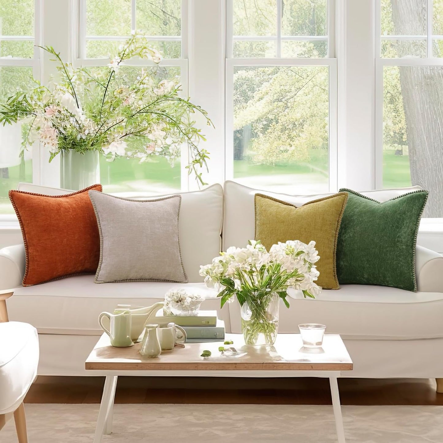 decorUhome Chenille Soft Throw Pillow Covers 24x24 Set of 2, Farmhouse Velvet Neutral Decorative Euro Pillow Covers with Stitched Edge for Couch Sofa Bed Home Decor, Mineral Yellow