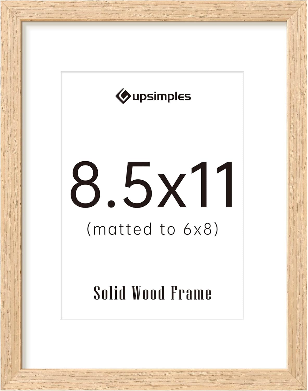 upsimples 8.5 by 11 Picture Frame, Natural Solid Wood Picture Frames, Display 6x8 with Mat or 8.5 x 11 Without, Wall or Tabletop, 1 Pack, Natural