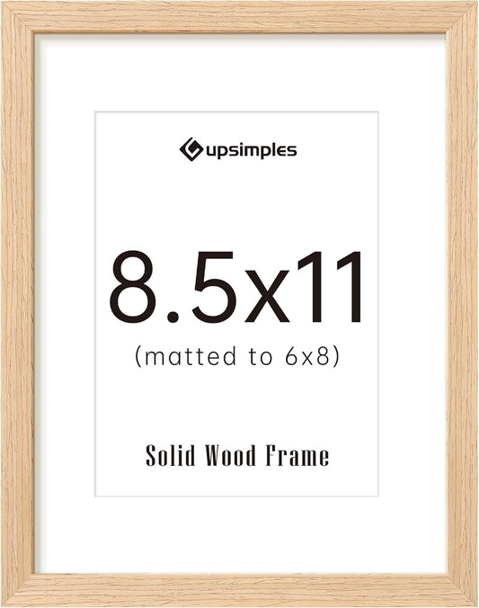 upsimples 8.5 by 11 Picture Frame, Natural Solid Wood Picture Frames, Display 6x8 with Mat or 8.5 x 11 Without, Wall or Tabletop, 1 Pack, Natural