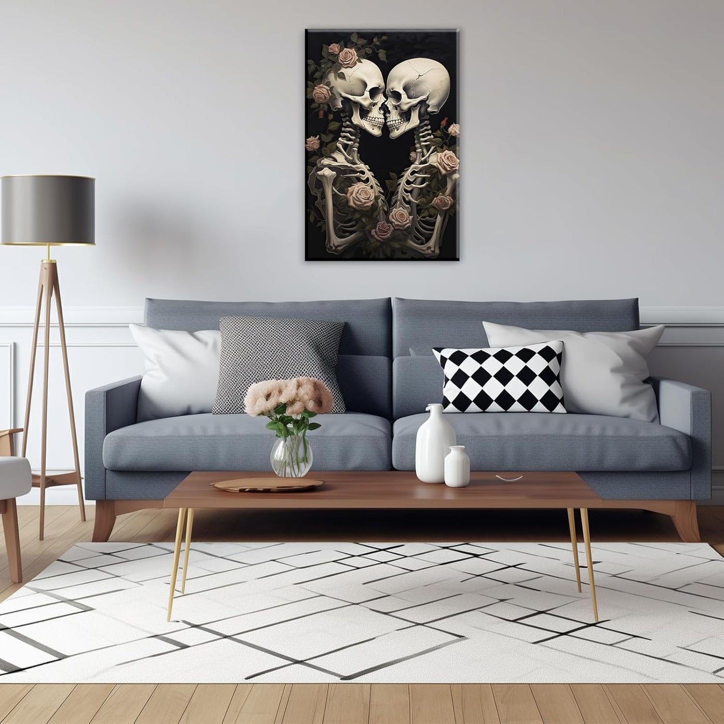 OAAPITI Vintage Skeleton Canvas Wall Art Gothic Painting Artwork Retro Rose Skull Art Poster Abstract Romantic Theme Picture Halloween Living Room Decor(Artwork-4,24"x36")