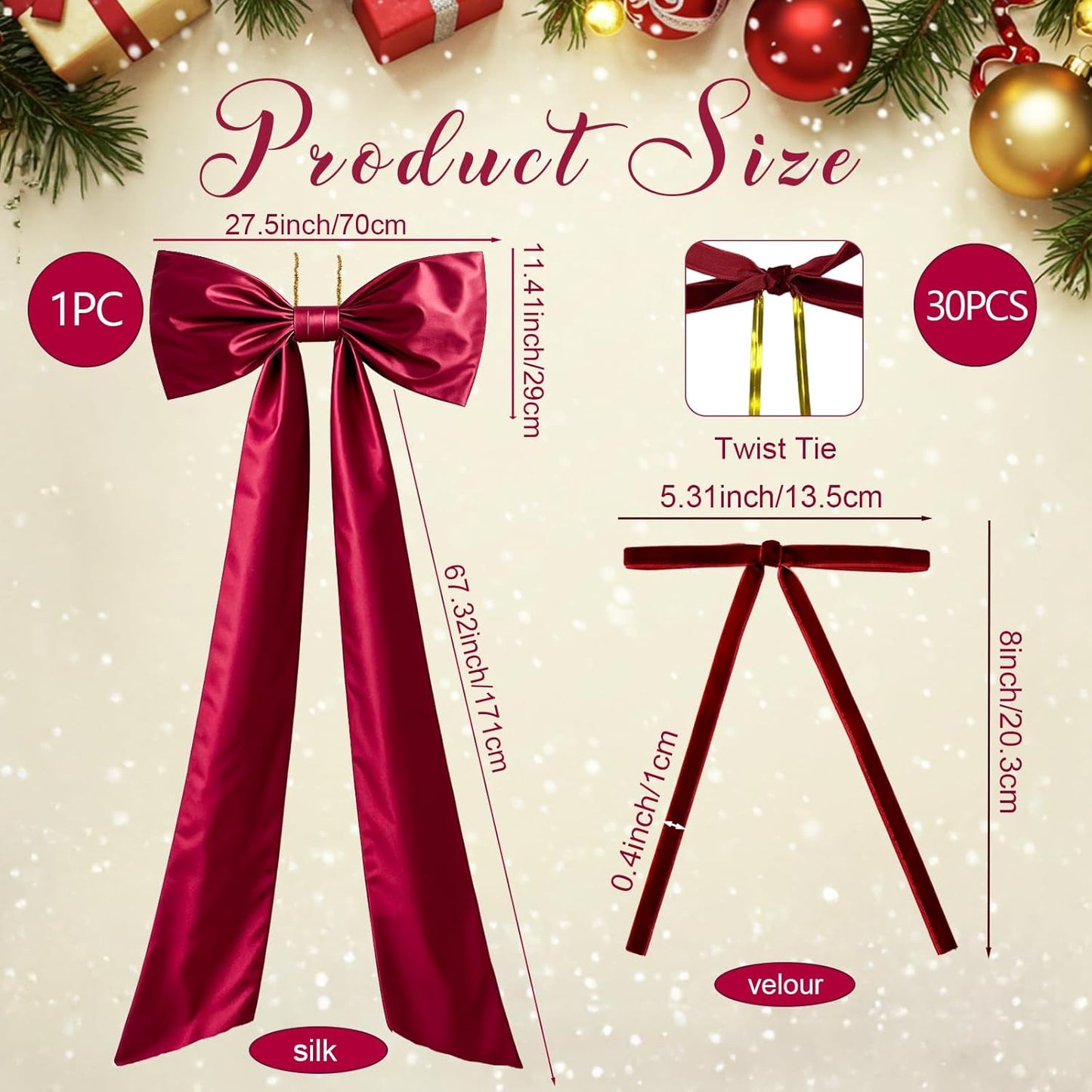 OurWarm Christmas Tree Topper Bow with Long Ribbon, 27.5 x 78.7 Inch Large Red Christmas Bow with 30 Small Red Velvet Bows for Christmas Tree, Christmas Tree Bows for Home Wreath Car Outdoor Decor