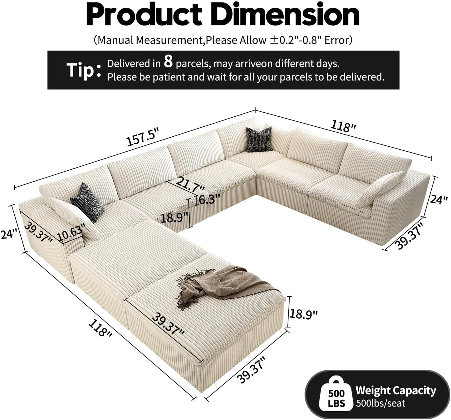 157.5" Cloud Couch Oversized Modular Sectional Sofa for Living Room,Modern Sofa with Deep Seat，8 Seater Boneless Couch with 2 Ottoman,Comfy Upholstered Couches for Apartment, Studio, Office,White