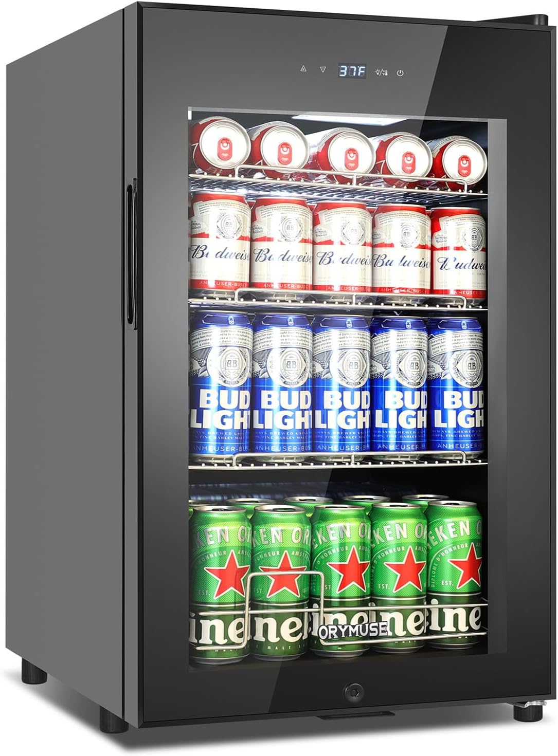 101 Cans Compressor Beverage Refrigerator, 17 Inch Drink Fridge with Glass Door, Adjustable Removable Shelves, Quiet Operation, Temp Memory, Beer Cooler for Soda, Beer, Water, Home Bar, Office