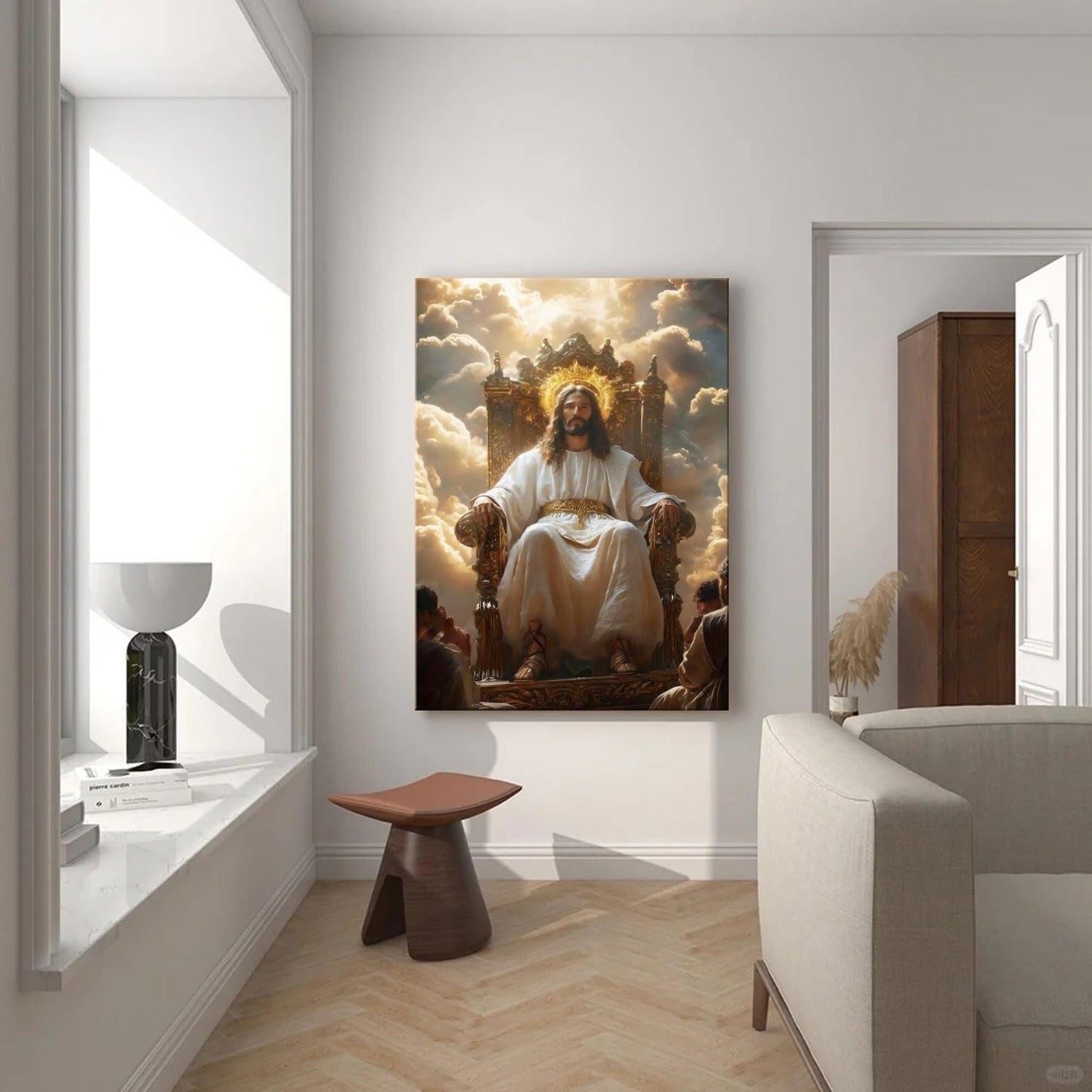 Framed Canvas Wall Art Painting Jesus Sitting on the Throne Religious Poster Faith Revelation Gallery Picture Print for Living Room Bedroom Church Decor 12x16 Inch Ready to Hang