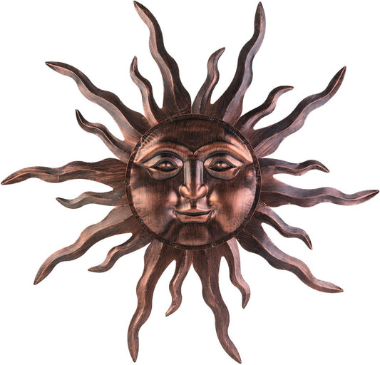 VZVXCC Large Metal Sun Wall Art Decor- 30 inches Sun Wall Hanging Decoration for Indoor Outdoor, 3D Sunshine Face Metal Wall Sculpture for Home Bedroom Living Room Office Garden Yard Patio(Bronze)