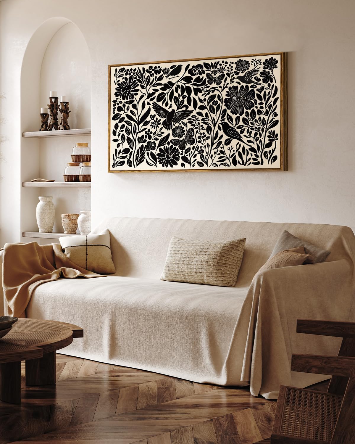 VIYYIEA Framed Canvas Wall Art, Black and White Large Wall Art for Living Room, Print Paintings, Boho Home Office Decor, Bedroom Wall Decor -【Flowers & Birds】-(24"x36")