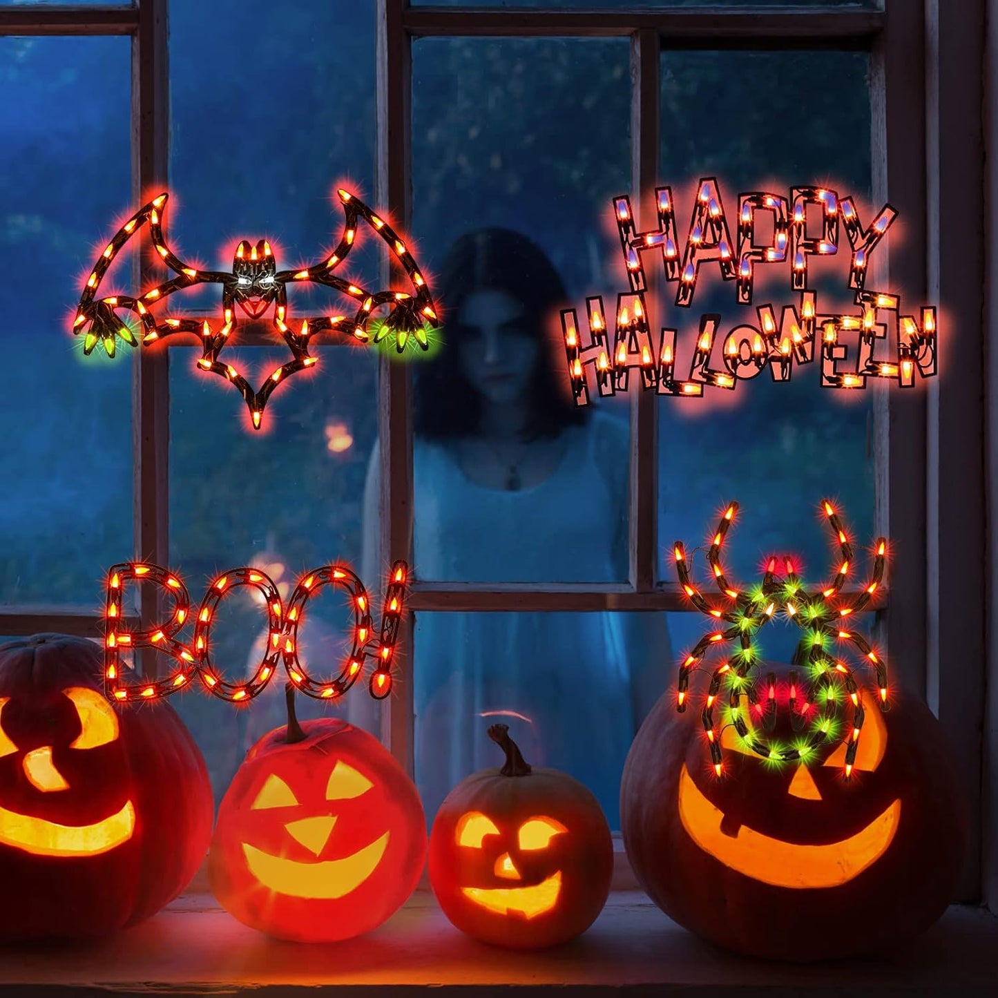 4-Pack Lighted Halloween Window Silhouette Decoration,Hanging Light Up Holiday Ornament( Cobweb,Jack-O-Lantern,Cat,Skull)