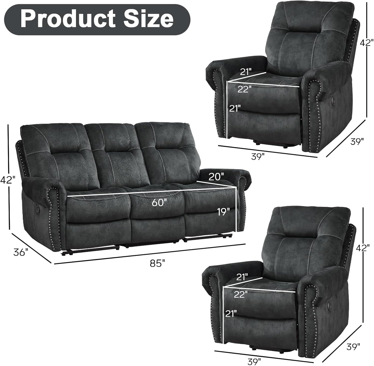 EBELLO 3 Pieces Reclining Couch Furniture Set for Living Room, Double 1 Seat Power Recliner Chair with Massage and Heat, a 3 Seater Manual Sofa, Vintage Rivet Mid-Century Design, Grey