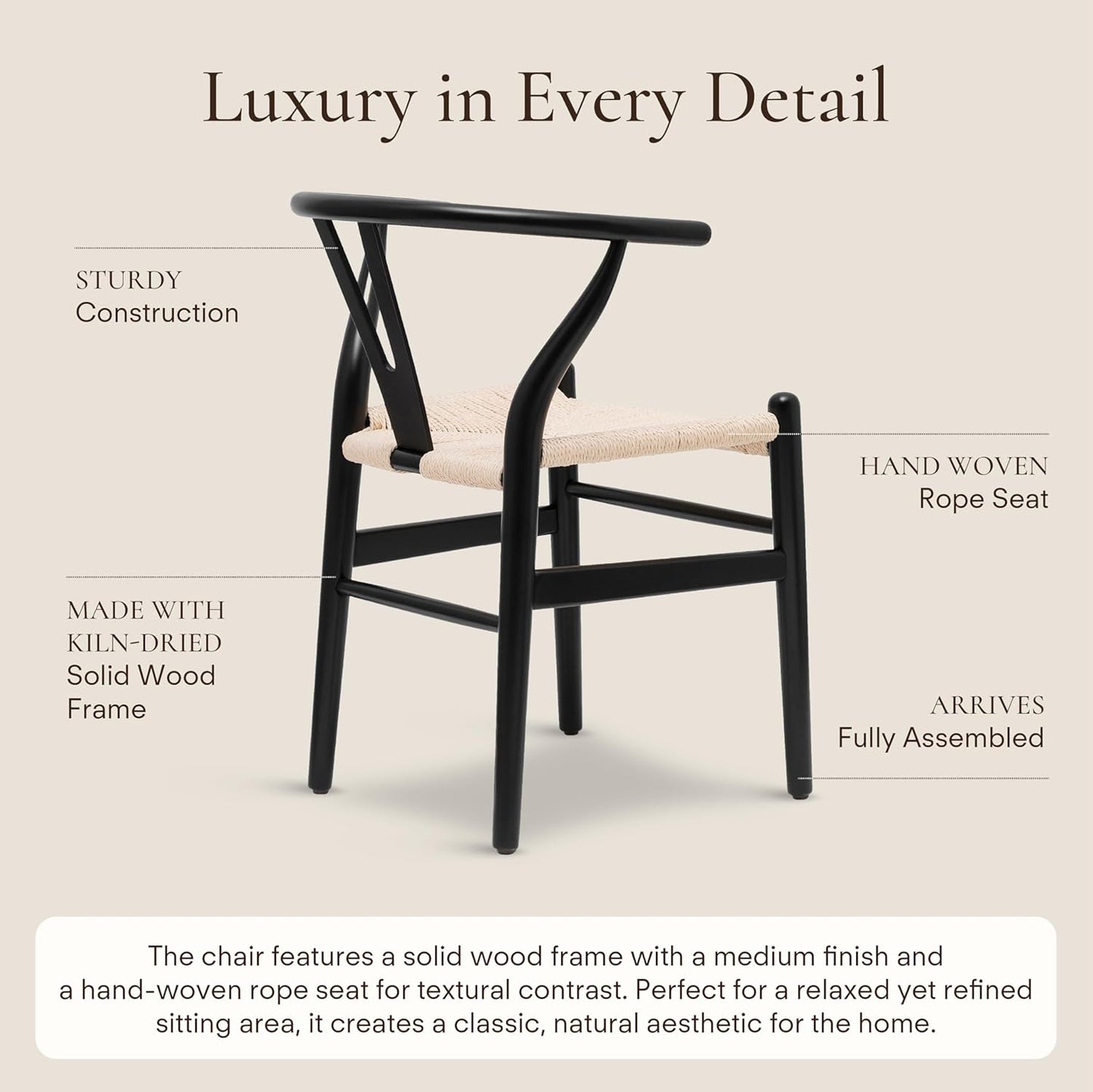 POLY & BARK Weave Dining Chairs – Mid-Century Modern Wishbone Dining Chairs with Arms, Solid Wood Frame, Indoor Use – Black – Set of 2 - Ideal for Dining Room, Kitchen or Stylish Accent Setting