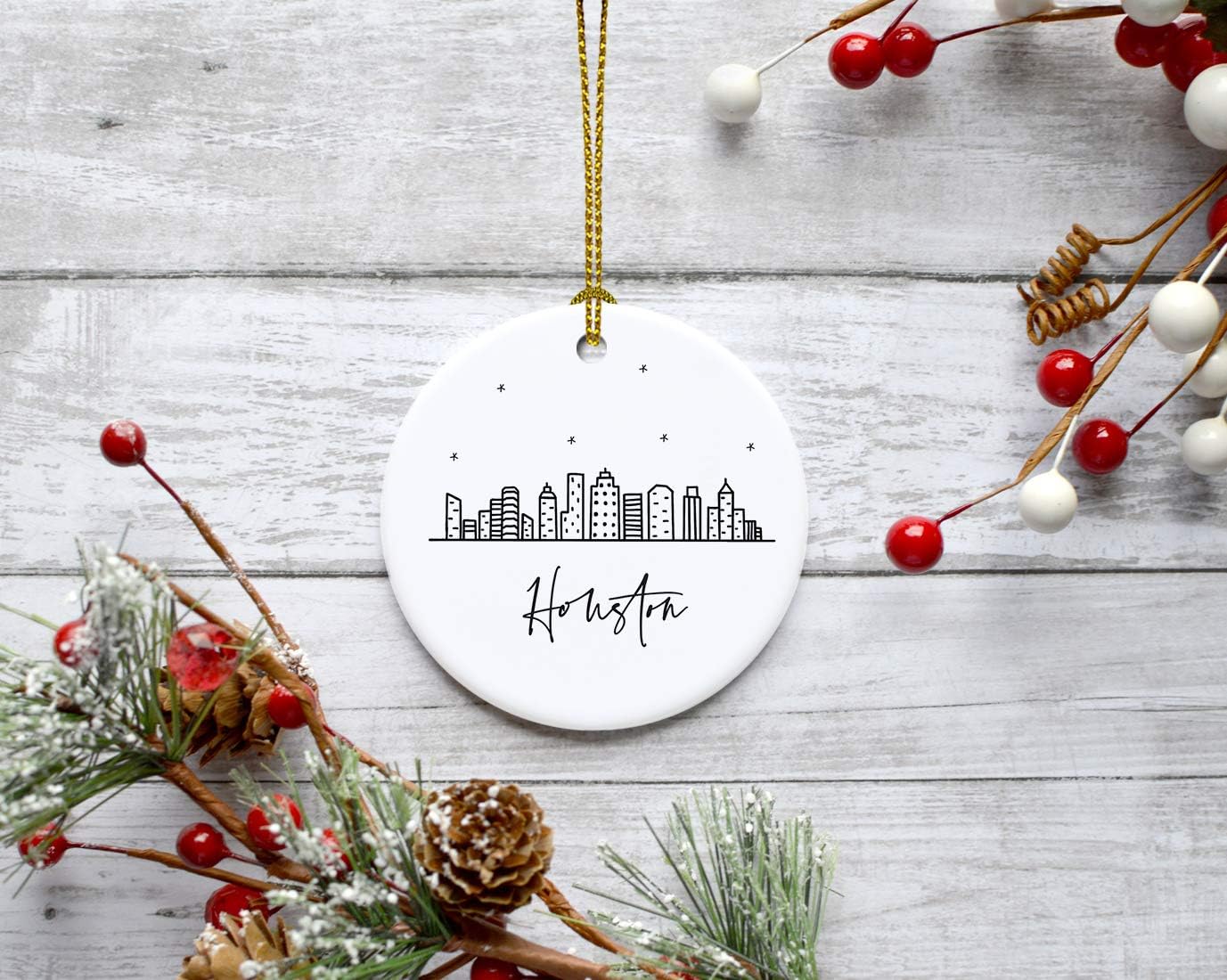 Andaz Press Round Ceramic Porcelain Christmas Tree Ornament Keepsake, Houston Black and White Stars City Skyline Graphic, 1-Pack, Birthday Gift Idea for Family, Coworker, Him, Her, Includes Gift Box