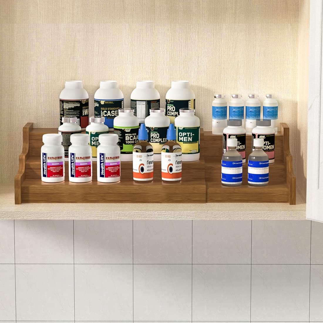 Bamboo Spice Rack Cabinet Organizer - 3 Tier Wooden Expandable Walnut Display Shelf