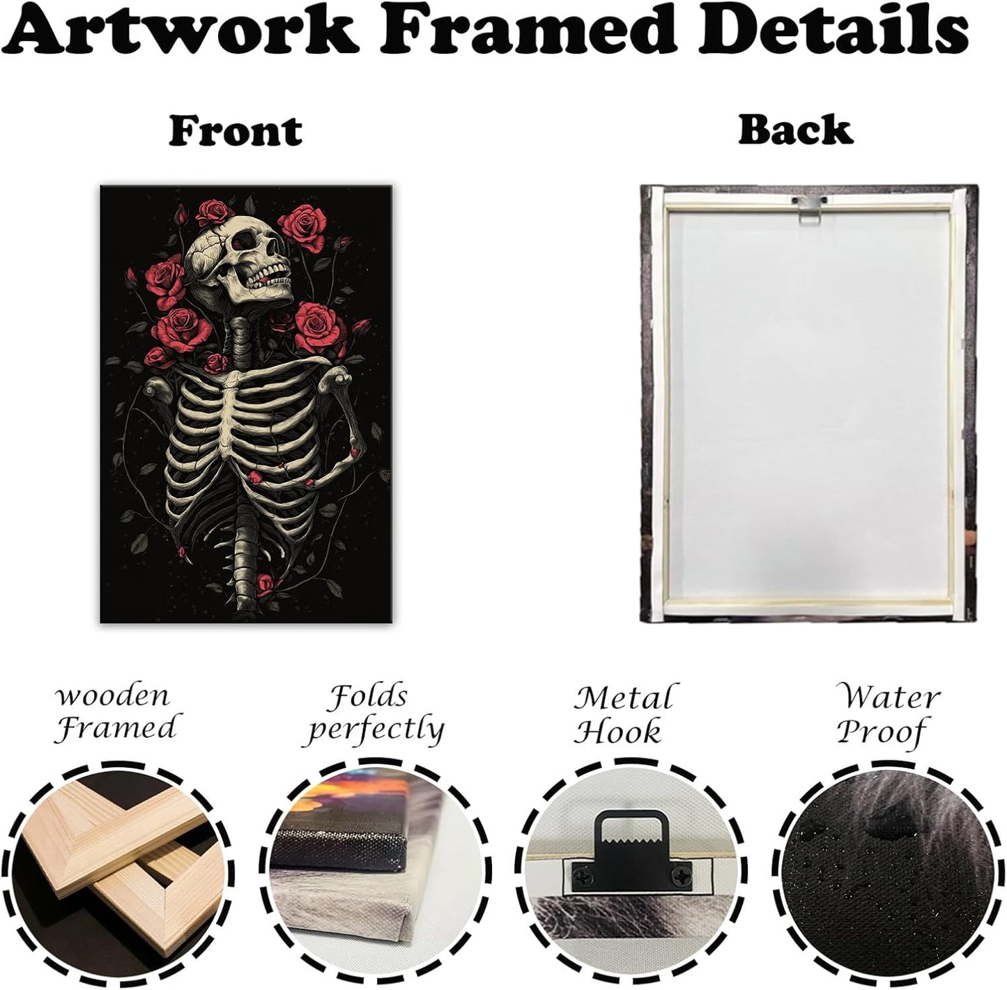 OAAPITI Gothic Skull Wall Art Skeleton and Roses Canvas Pictures Print Vibrant Dark Art Decor for Bedroom Living Room Bathroom(Artwork-6,20"x30")