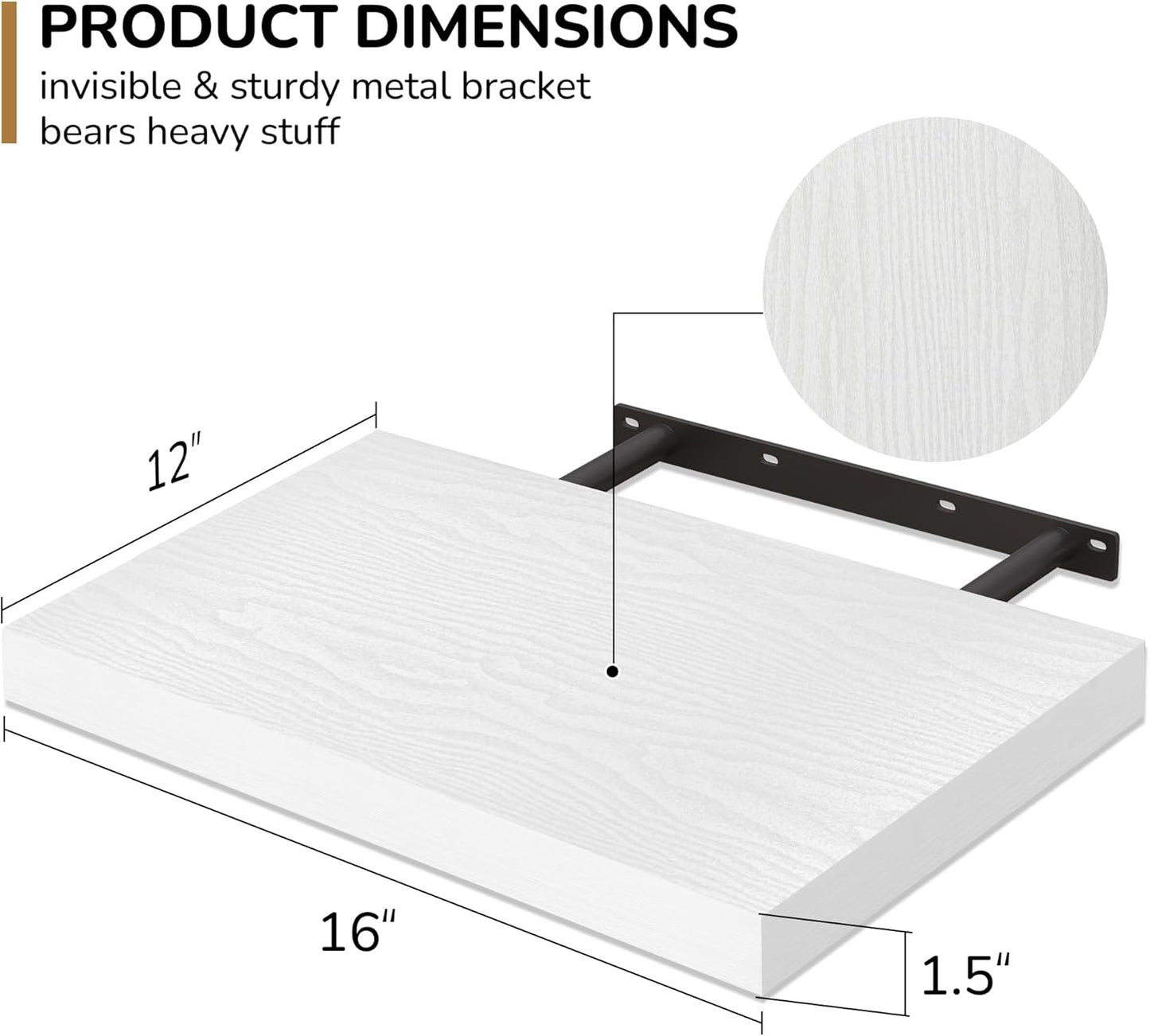 Fun Memories Floating Shelves - 2 Pack 12 Inch Deep Rustic Wooden Wall Shelves - Extra Deeper & Thicker Wall Mounted Storage Shelf for Living Room, Kitchen, Farmhouse - 16" W x 12" D x 1.5" H - White