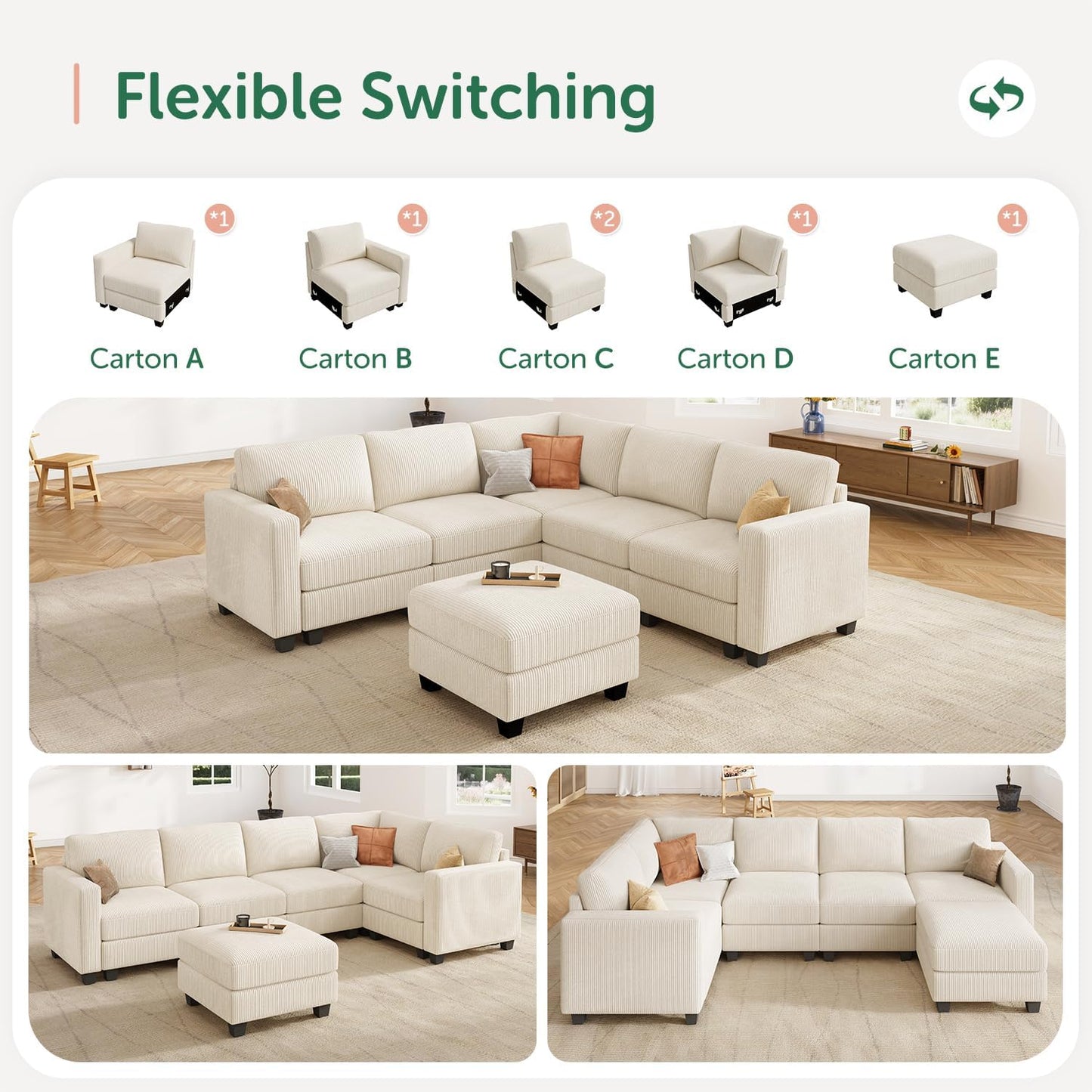 HONBAY Corduroy Modular Sectional Couch with Storage L-Shaped Sectional Couches for Living Room 6 Seater Modular Sectional Sofa, Beige