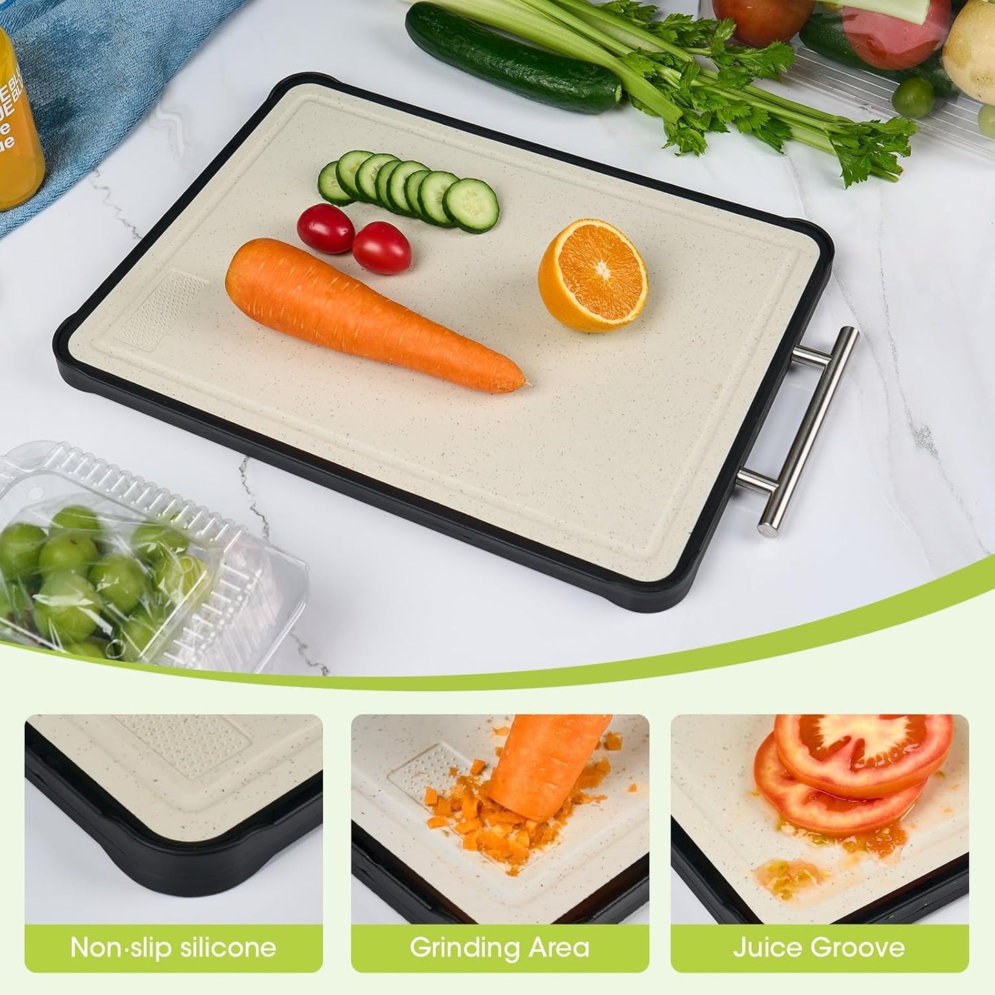 Dishwasher Safe 316 Stainless Steel Cutting Board for kitchen, Double-Sided Pure 316/Wheat Straw PP, Scratch-Resistant Chopping Board with Juice Groove&Grinding Area, Easy to Clean Large Size 16"*11"