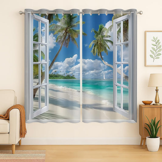 Beach Blackout Curtains for Girls Boys Teens Home Decor, Tropical Summer Scene Ocean Island Palm Tree Grommet Thermal Insulated Drapes Darkening Window Curtain for Bedroom Living Room, 42 x 45 Inch