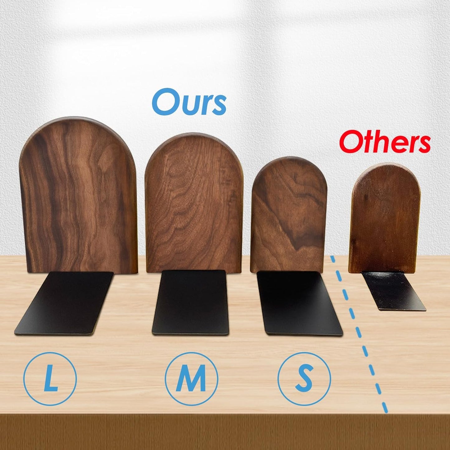 Book Ends, Sturdy Wooden Bookends for Shelves - Heavy Duty Non-Slip Book Organizers, Decorative Bookend Holders for Home Office, Library, Black Walnut Universal Economy Bookend, Medium, 1 Pair