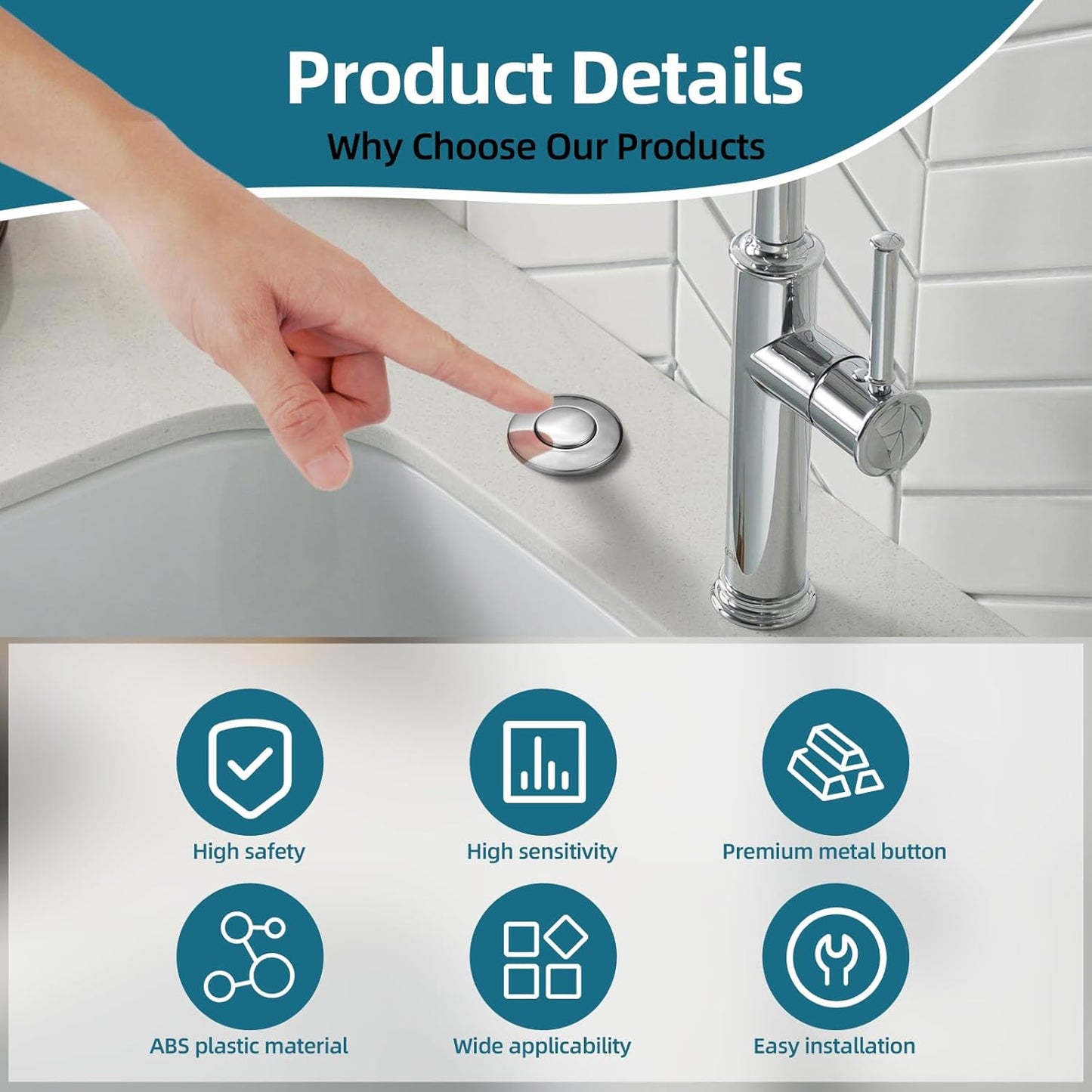 RQYEKDO Garbage Disposal Air Switch Kitchen Sink Top Long Stainless Steel Brushed Nickel Long 32mm/1.26 inch for Food and Waste Disposal On/Off Air Button Parts