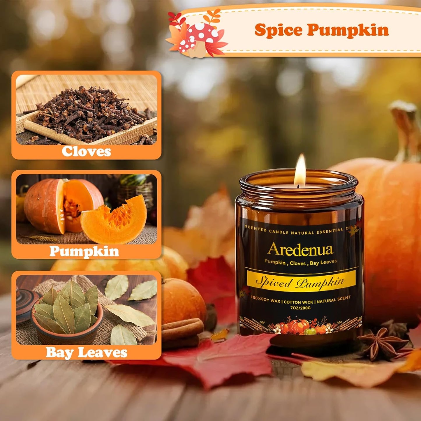 Fall Candles - Spiced Pumpkin Scented Candle, Autumn Scented Candles for Home - Natural Soy Autumn Candle - 7 oz Aromatherapy Candle, Fall Gifts for Women Men