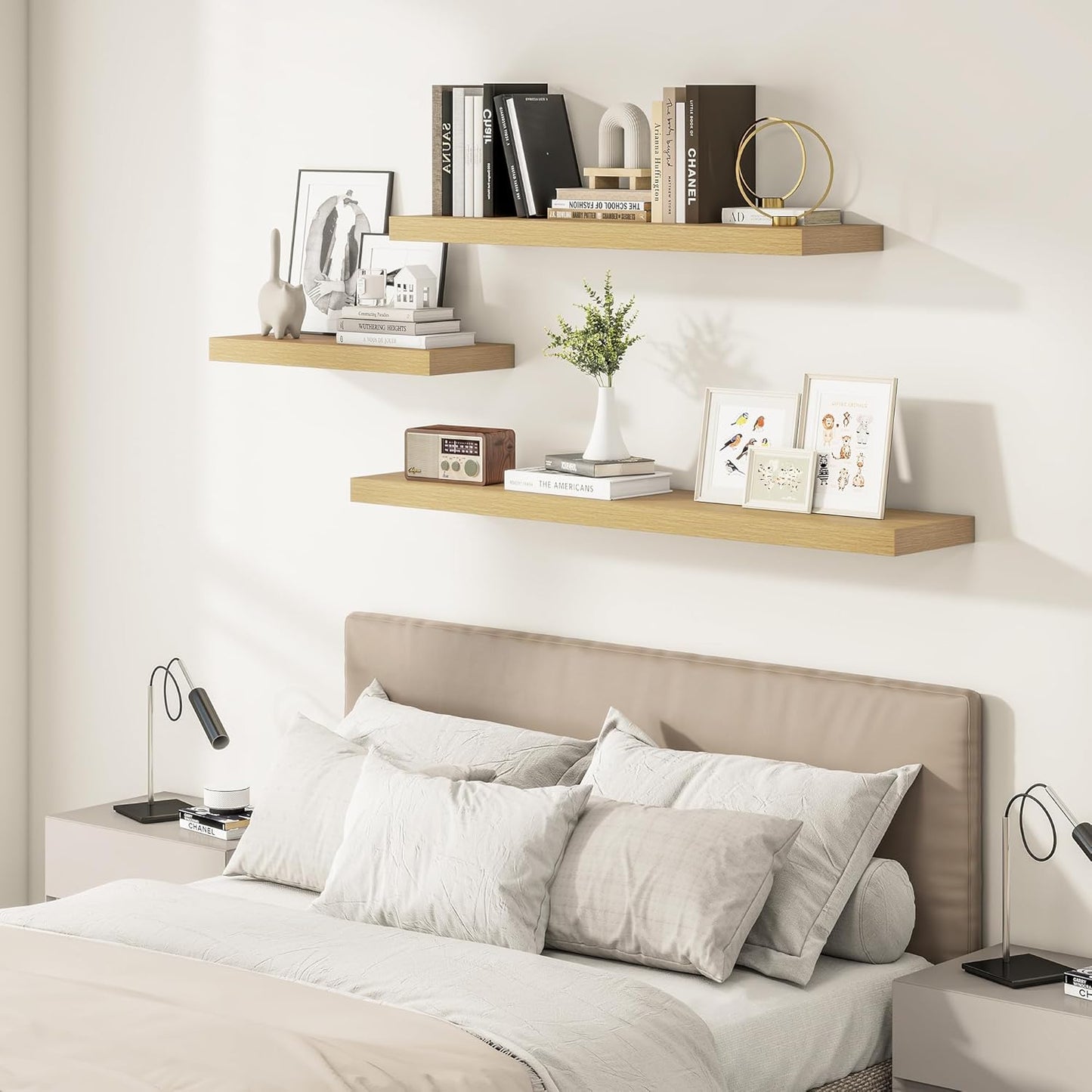 12 Inch Deep Floating Shelves 55 inch Long, 55 x 12 Wide Wall Shelves with Invisible Brackets, Heavy Duty Shelf for Bedroom Bathroom Living Room Kitchen Office Home Decor, Modern Shelf Set of 2, Oak