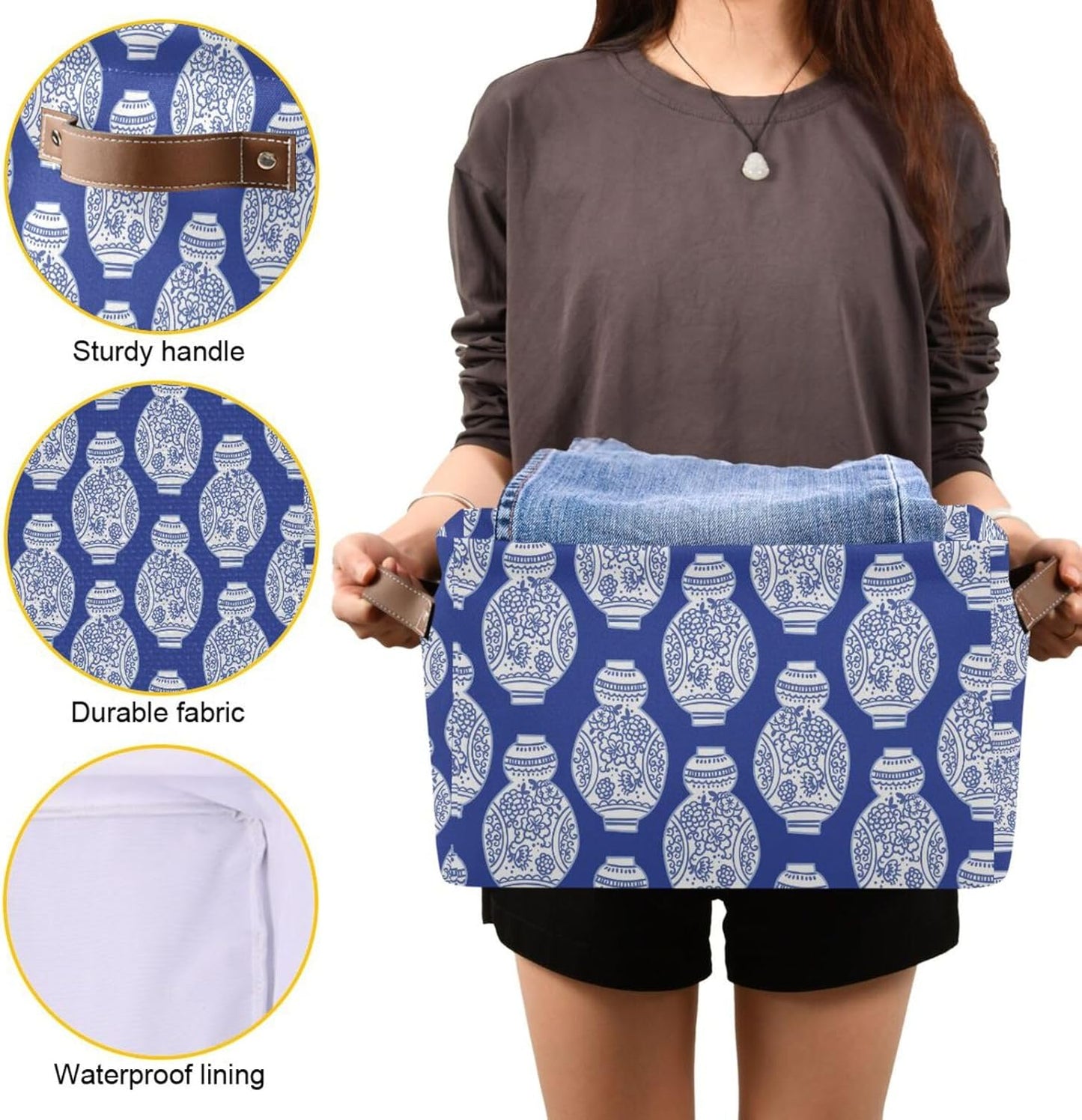 susiyo Storage Baskets for Shelves Organizer Baskets with Metal Frame Closet Storage Bins Fabric Bins Cubes with PU Handles for Organizing Shelf Nursery Toys 1 PACK,Blue Chinoiserie Vases