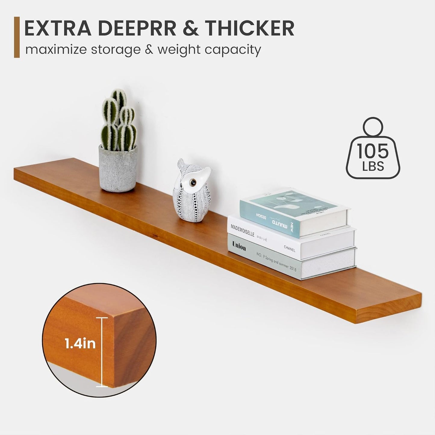 Fun Memories 55 Inches Floating Shelves - 8 Inch Deep Rustic Solid Pine Wood Wall Shelves for Storage - Farmhouse Wall Mounted for Living Room - Heavy-Duty Metal Bracket - 55" W x 8" D - Honey