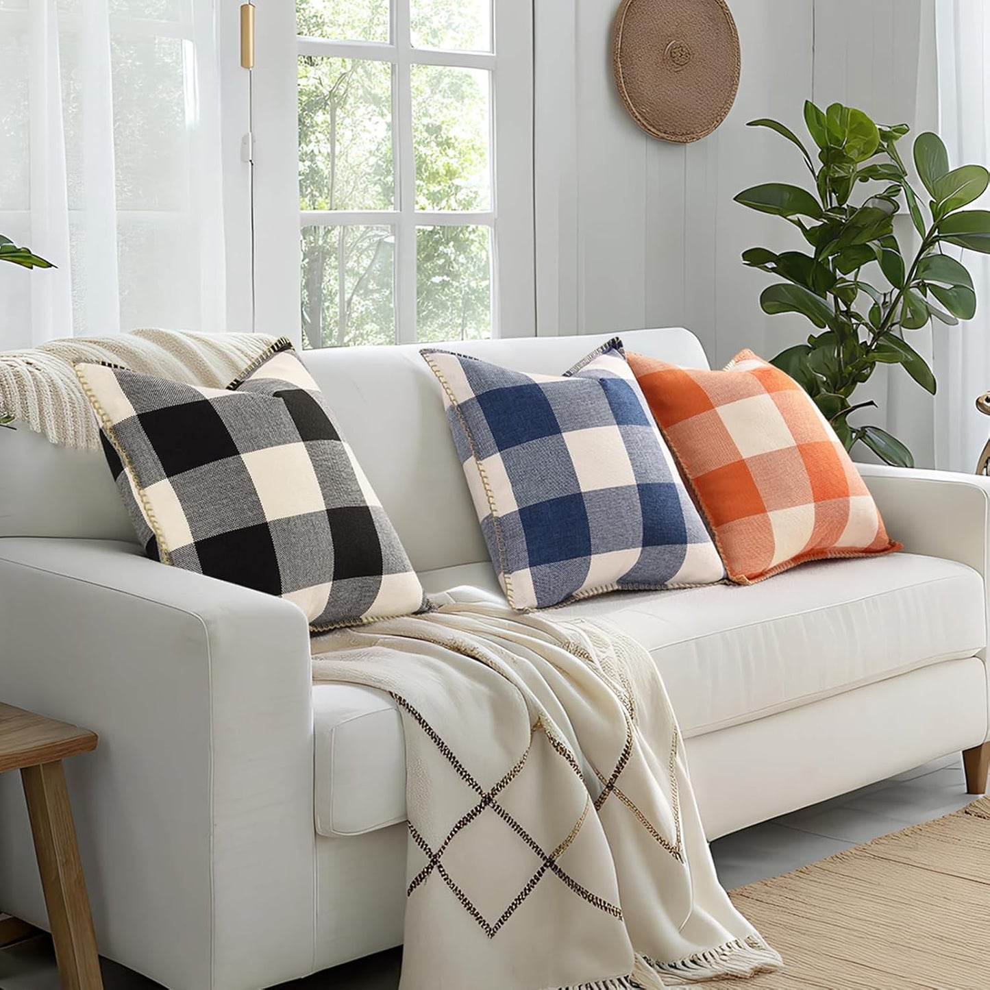 decorUhome Buffalo Plaid Check Throw Pillow Covers 22x22 Set of 2, Outdoor Decorative Farmhouse Neutral Pillow Covers with Stitched Edge for Bed Couch Sofa, Navy Blue and White