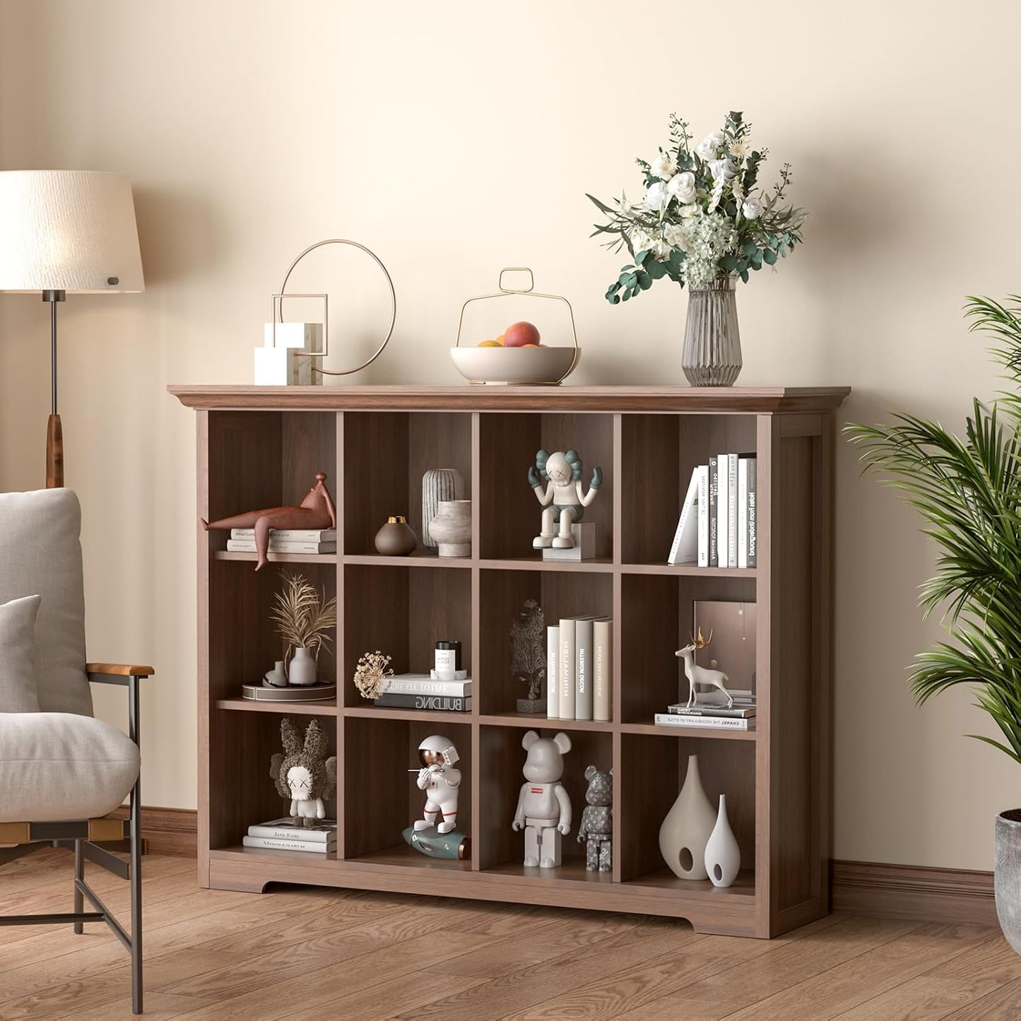 Cube Shelf Bookcase with Base - Wooden 3 Tiers Floor Standing Low Storage Cabinet for Home and Office, 12-Cube Lattice Bookshelf, Walnut