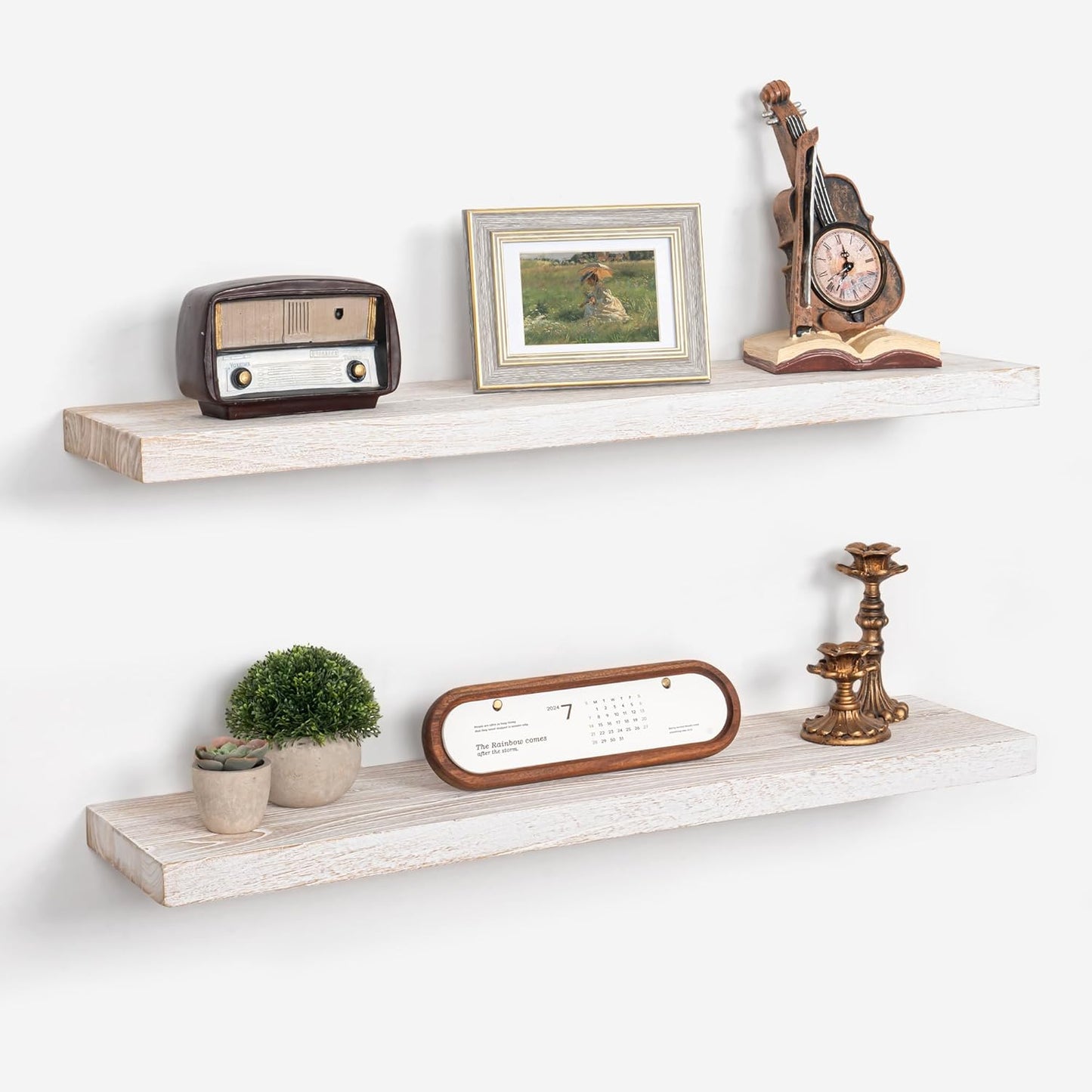 Axeman Floating Shelves for Wall - 32''W x 8'' D Rustic Solid Elm Wood Shelves for Storage, Wall Mounted Display Shelving with Invisible Heavy-Duty Metal Bracket (White Wash, 2PCs)