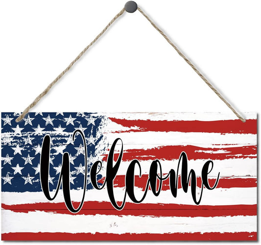 Welcome Decor Sign, Hanging Wood Sign Home Decorative, Printed Wood Wall Art Sign, American Flag Welcome Sign, Patriotic Home Decor, Front Door Decor Sign, Farmhouse Porch Wall Art Sign 12 * 6inch