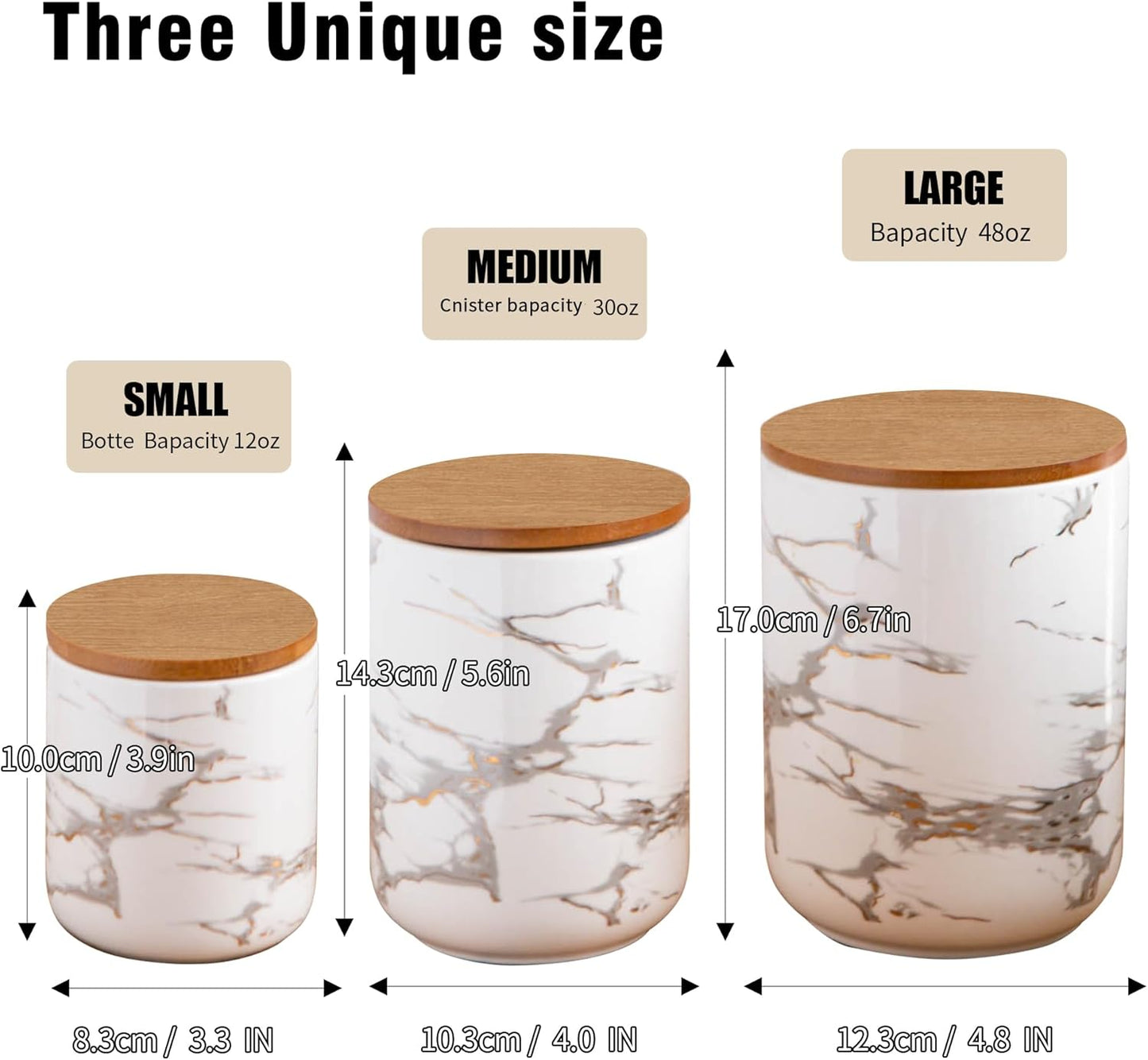 White Ceramic Canister Set with Wooden Lid, 3-Piece Food Storage Jars for Kitchen Counter, Storage Container for Sugar, Coffee, Tea, Spice