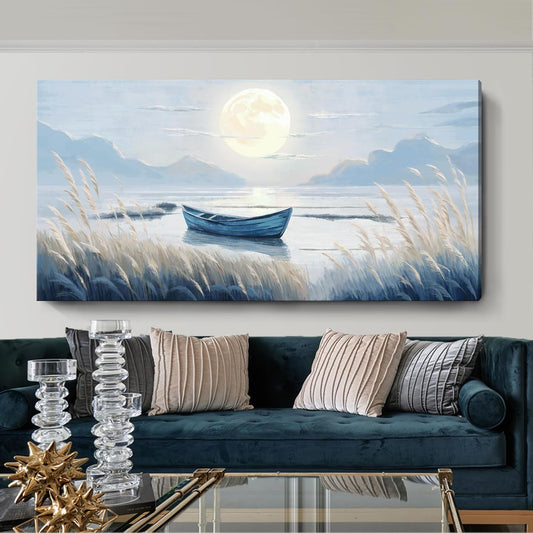 Oversized Large Living Room Wall Art, Blue Wall Decor for Bedroom, Modern Nautical Ocean Beach Seascape Nature Picture Sailboat Moon Lake Mountain Canvas Print Relaxing Serene Coastal Rustic Artwork