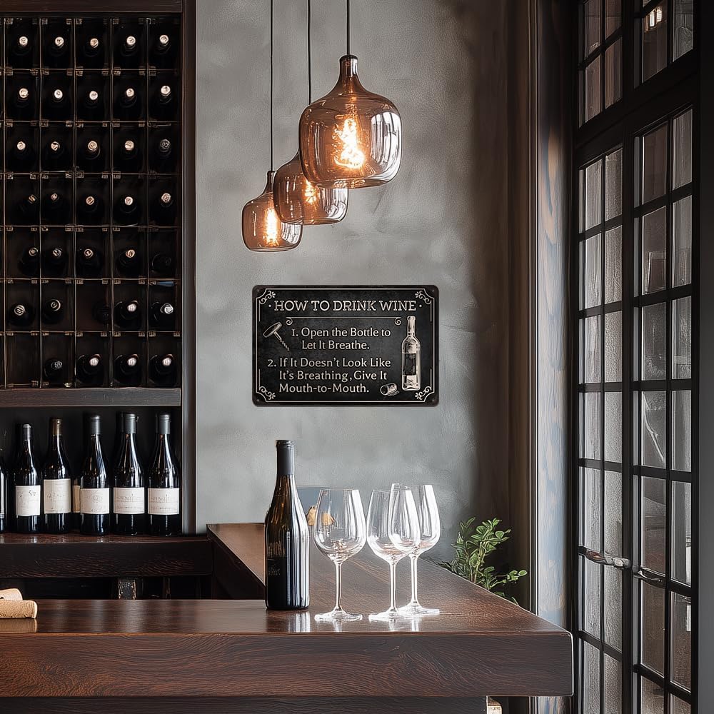 Heuhuww Funny Wine Bar Metal Sign-How To Drink Wine Wall Decor for Farmhouse Bar Station Wine Themed Gifts 8"x12"(H29)