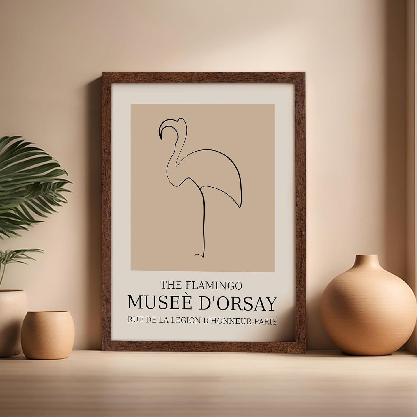Poster Master Vintage Poster - Retro Minimalist Print - Gift for Artist, Housewarming - Flamingo, Line Drawing, Sketch, Abstract - Wall Decor for Living Room, Bedroom, 16x20 Brown Framed