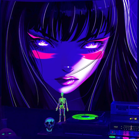 dueeia Blacklight Anime Girl Tapestry Wall Hanging Japanese Cool Black Light Glow in the Dark Uv Tapestries for Boys Girls Bedroom Aesthetic Living Room Dorm Wall Decor (59.1"x39.4")