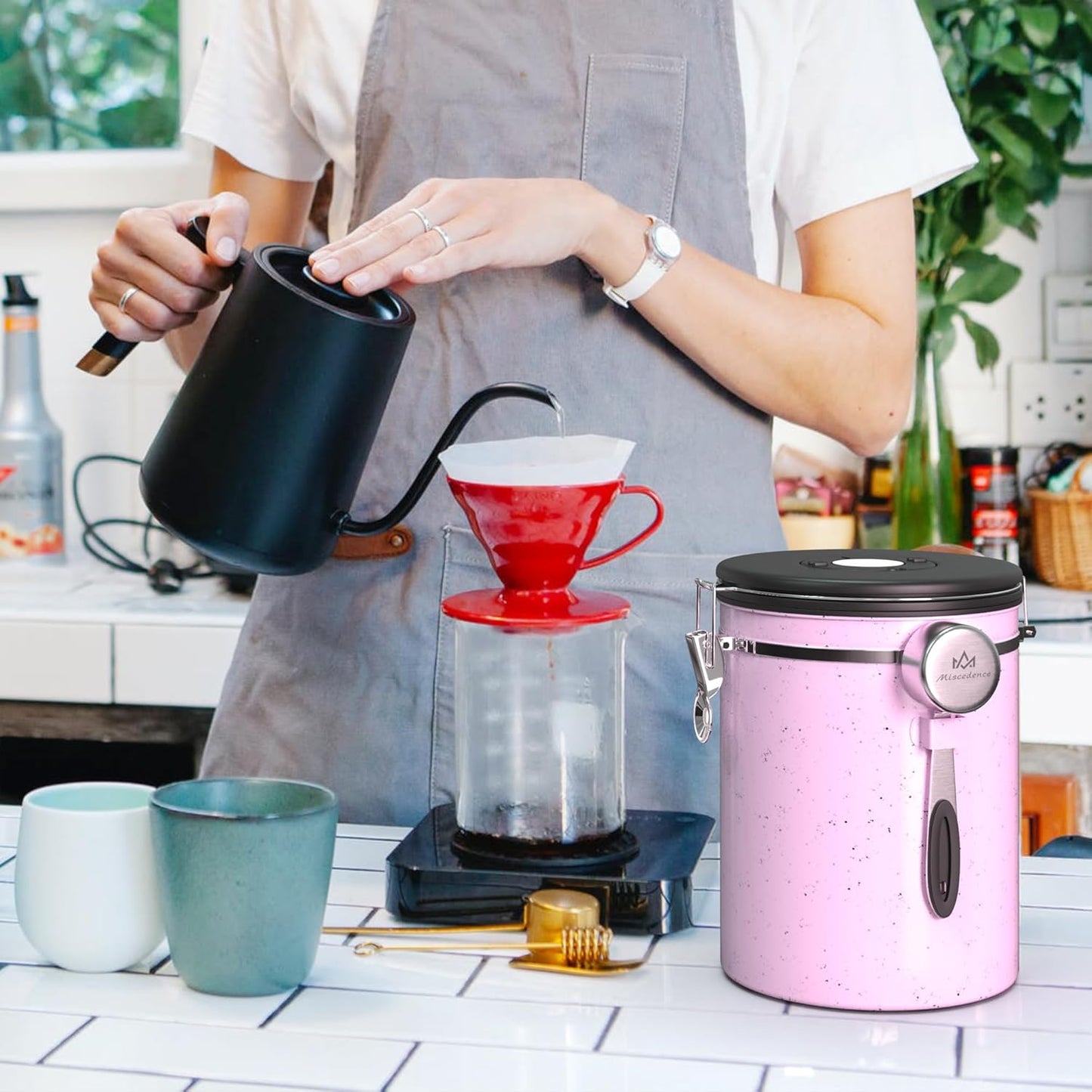 35OZ Coffee Canister for ground coffee with Date Tracker,pink 304 Stainless Steel Kitchen Food Airtight storage container for Coffee Beans or Grounds, Tea, Sugar