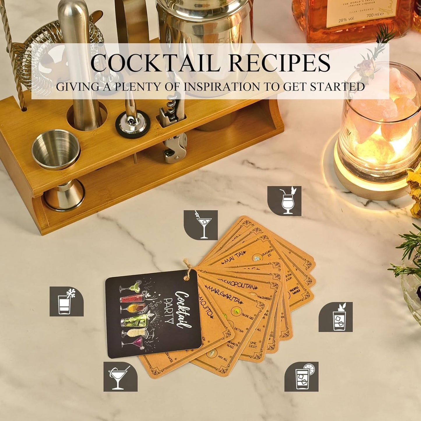 Bartender Kit Cocktail Shaker Set with Stand Bar Tool Bar Set for Drink Mixing Home Bartending Kit 11-Piece Bar Cart Accessories: Martini Shaker, Mixer Spoon, Jigger, Muddler, Strainer & Recipes Gifts