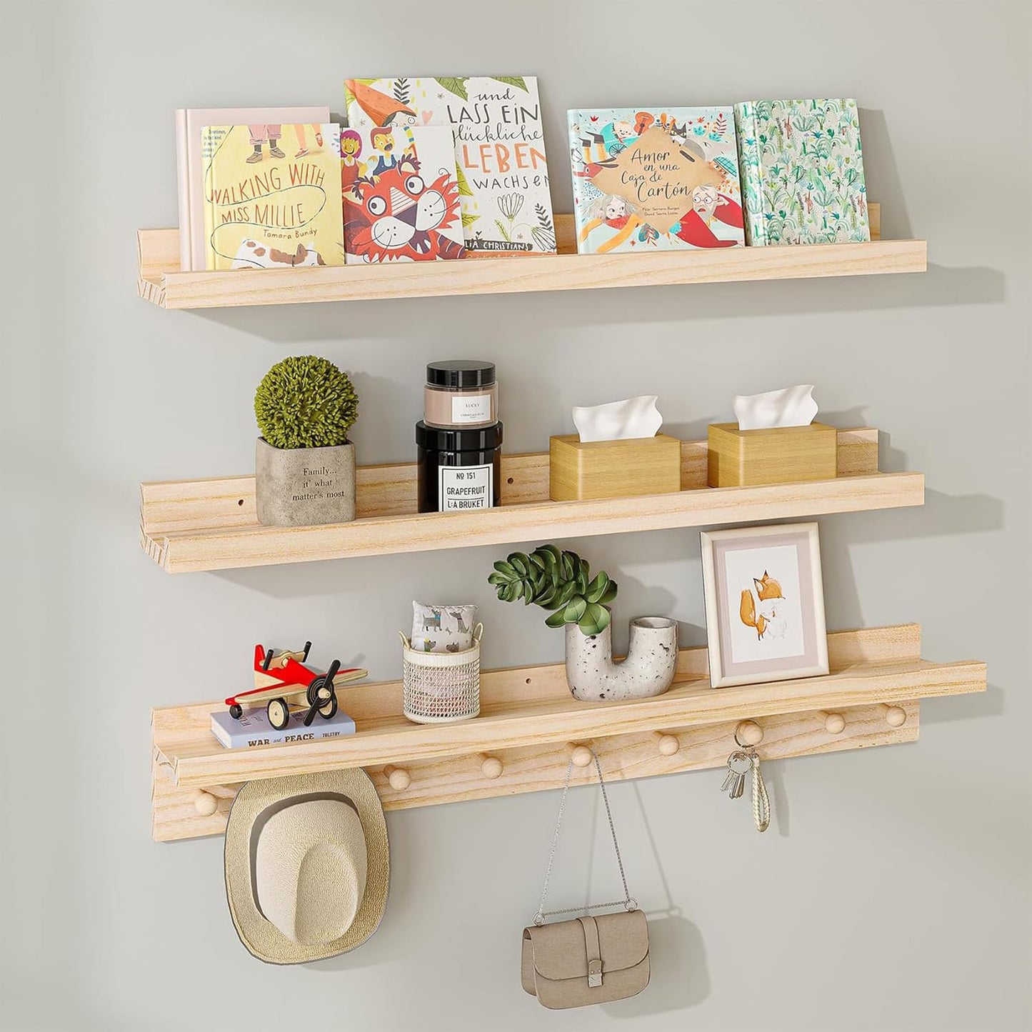 MBYD Wood Wall Shelf With Hooks Floating Shelves for Wall Bathroom Shelves Wall Mounted Nursery Floating Bookshelf for Kids Room Toy Storage Shelf for Bedroom Picture Frames Kitchen (Natural, 36 Inch)