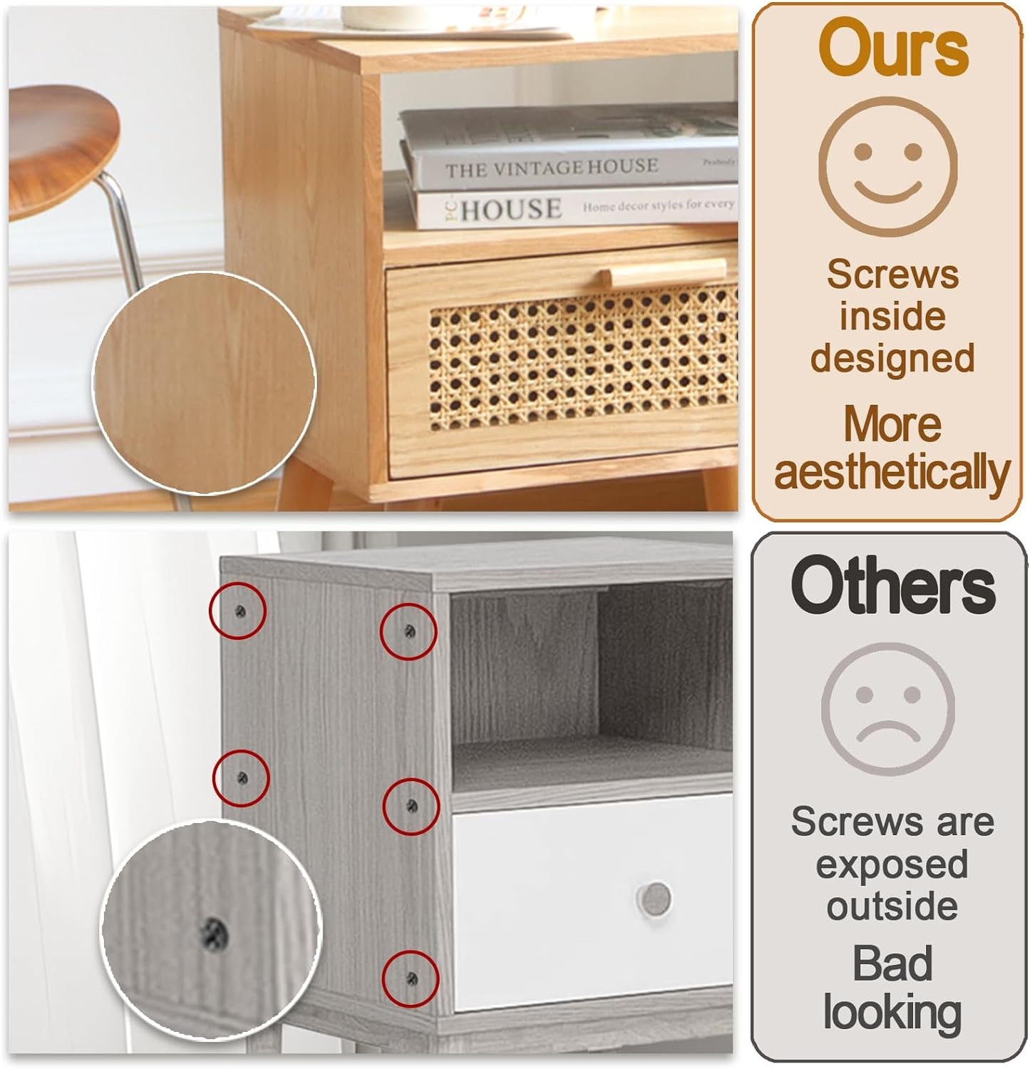 MaxSmeo Bedside Table, Small Nightstand with Charging Station, Rattan Side Table Wood End Table for Living Room, Bedroom and Small Spaces, Mid Century Modern Nightstand, Easy Assembly (Natural)