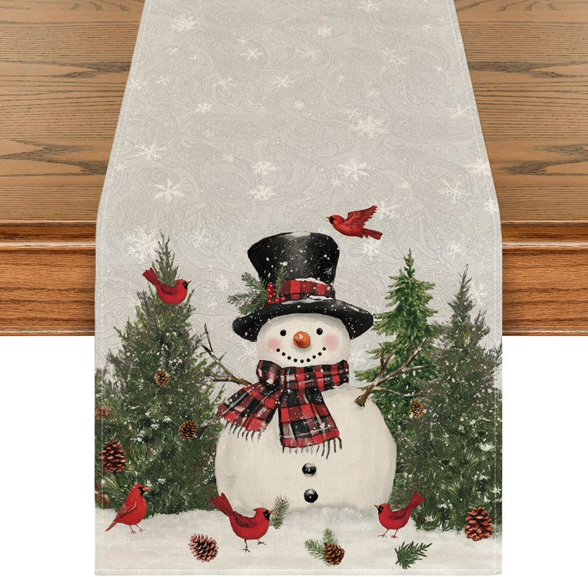 Artoid Mode Snowman Birds Trees Christmas Table Runner, Seasonal Silver Winter Holiday Kitchen Dining Table Decoration for Home Party Decor 13 x 60 Inch